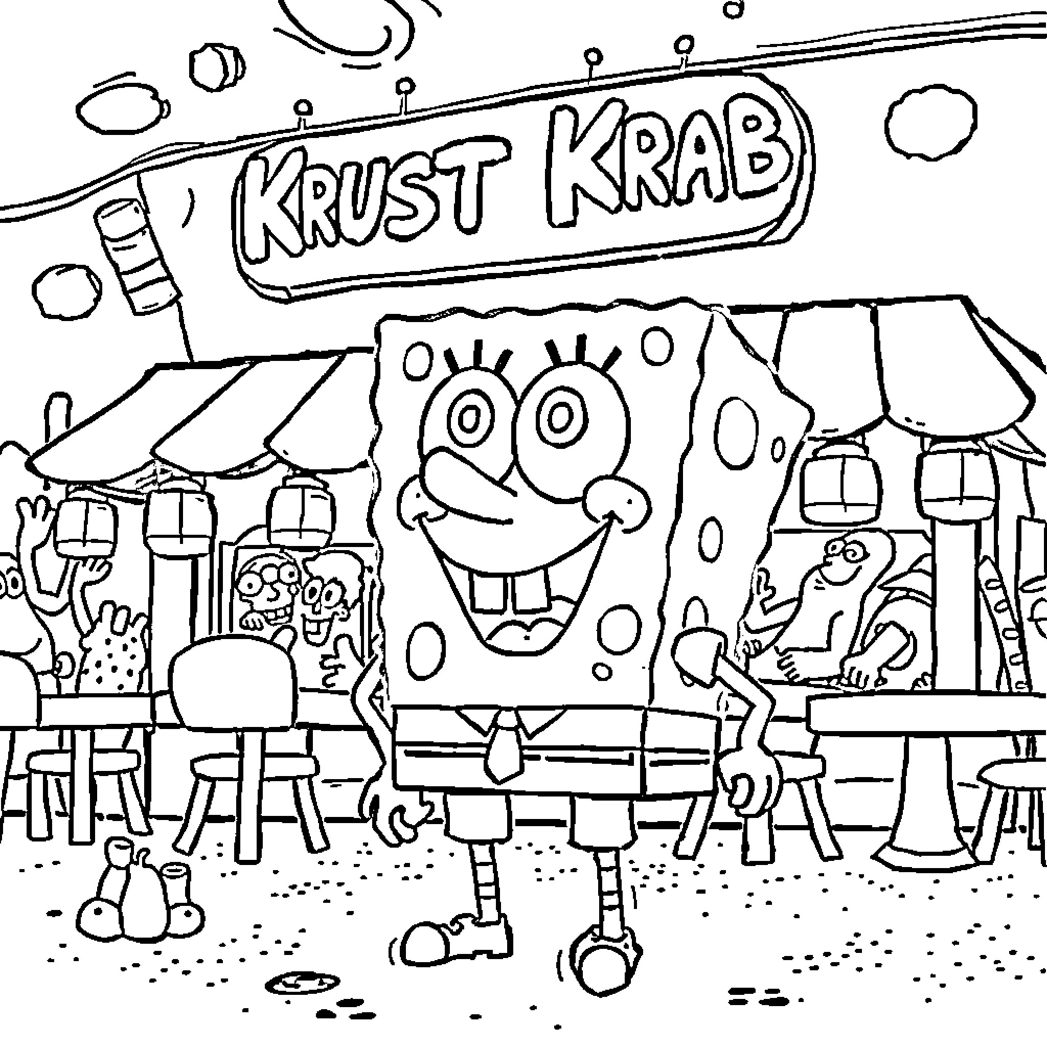 Spongebob at the Krust Krab restaurant Coloring Page (free black-and-white line drawing printable PDF for all, from beginners to advanced learners, including children, teens, adults, and seniors)