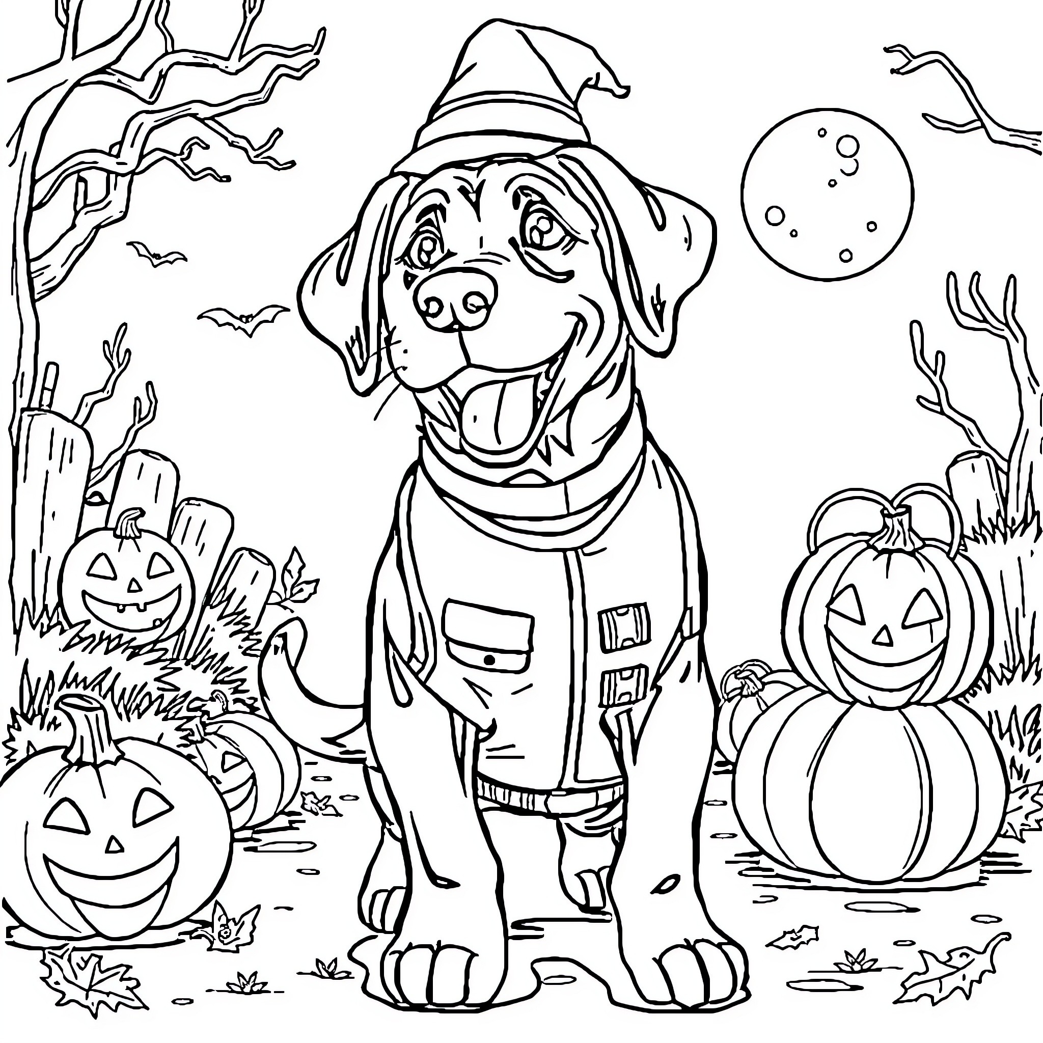 Dog dressed in Halloween costume standing in spooky scene Coloring Page (free black-and-white line drawing printable PDF for all, from beginners to advanced learners, including children, teens, adults, and seniors)