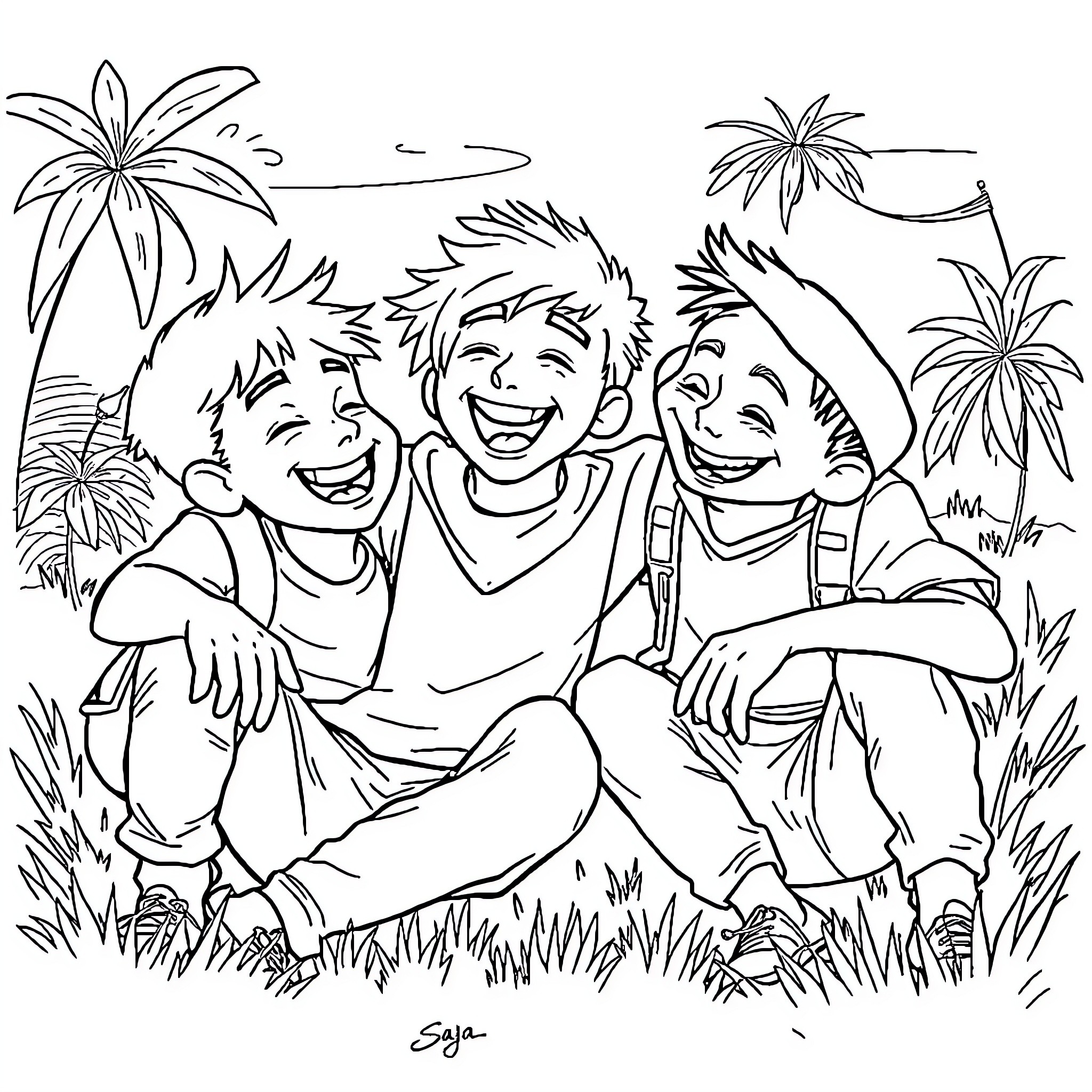 Boys enjoying carefree moment in nature Coloring Page (free black-and-white line drawing printable PDF for all, from beginners to advanced learners, including children, teens, adults, and seniors)
