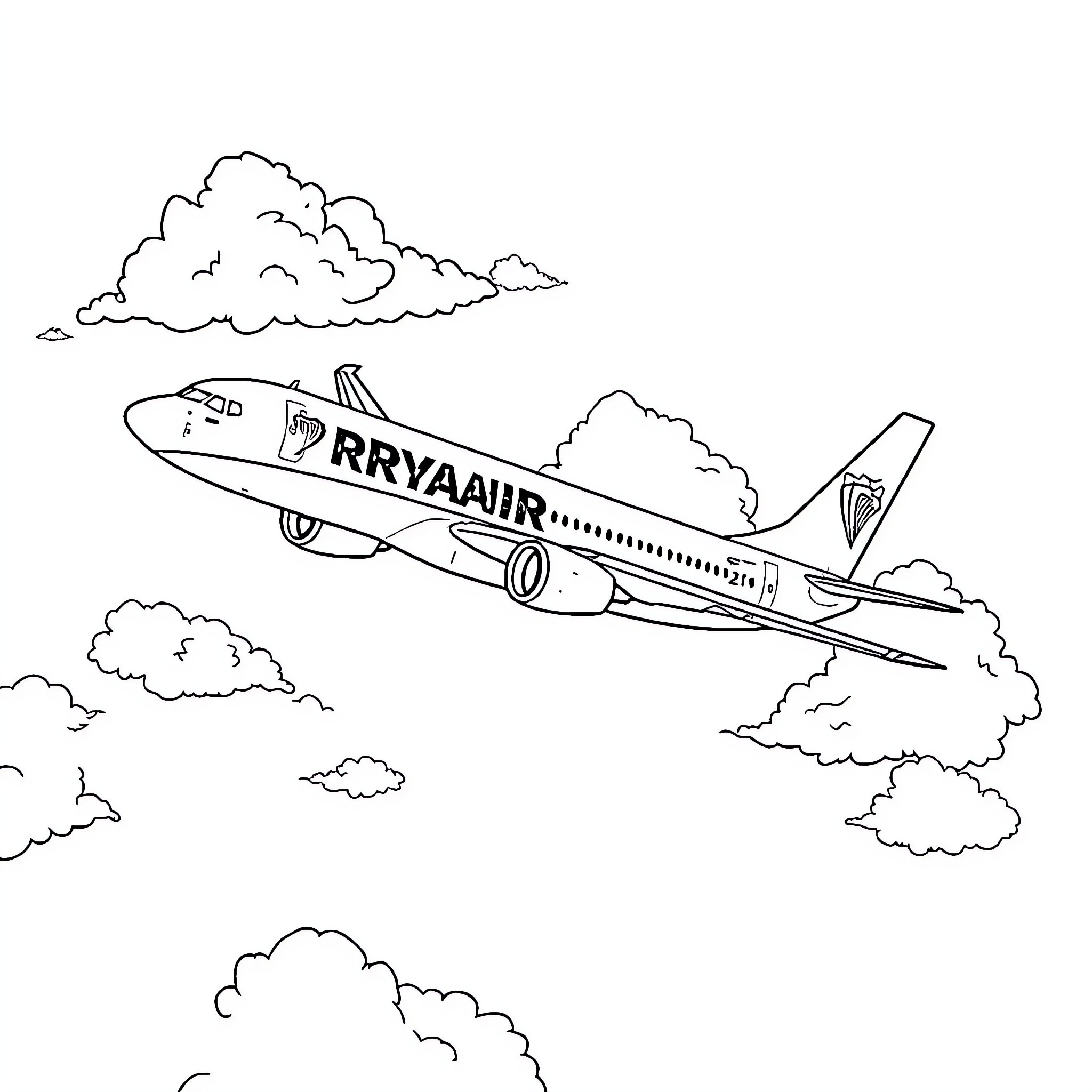 Plane soaring through cloudy skies Coloring Page (free black-and-white line drawing printable PDF for all, from beginners to advanced learners, including children, teens, adults, and seniors)