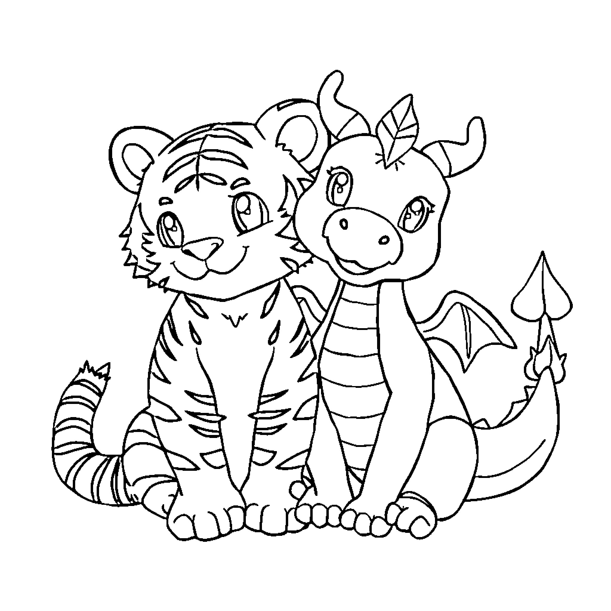 Tiger and Mythical Creature Friends Coloring Page (free black-and-white line drawing printable PDF for all, from beginners to advanced learners, including children, teens, adults, and seniors)