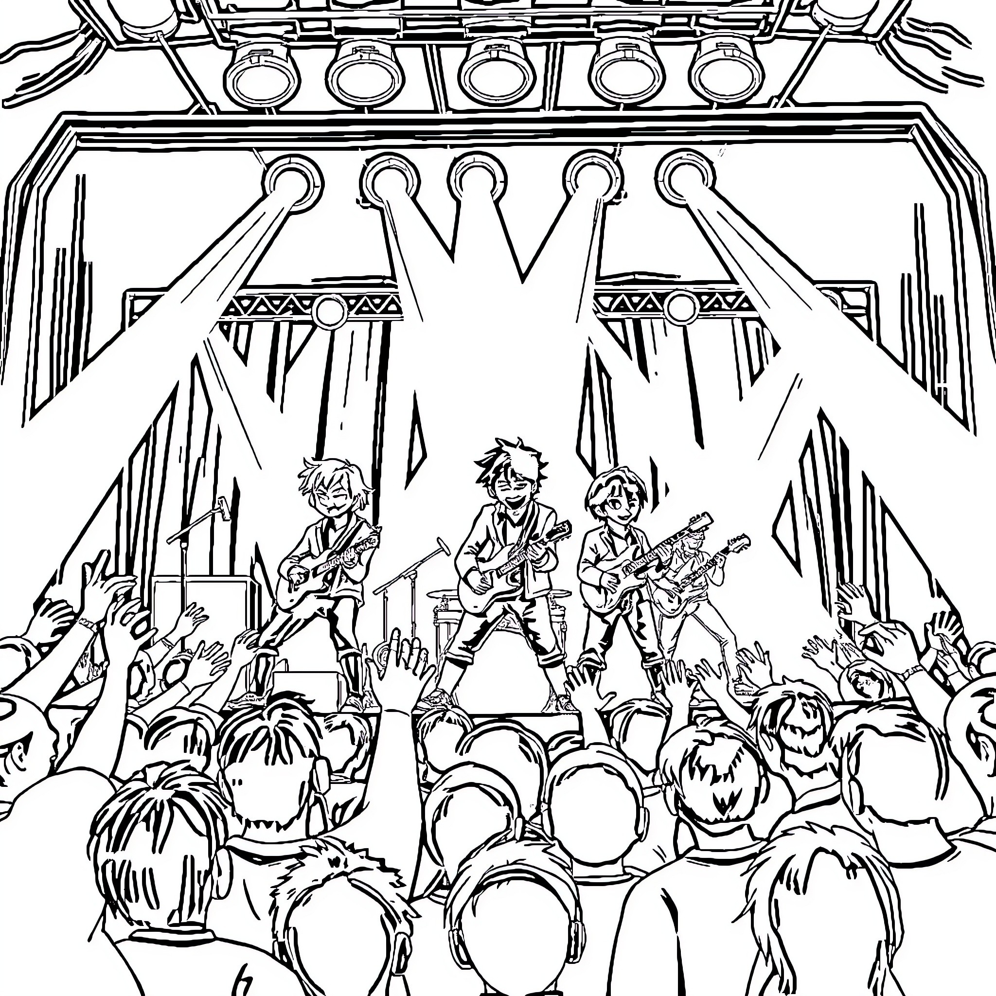 Stray Kids performing on stage with energetic crowd Coloring Page (free black-and-white line drawing printable PDF for all, from beginners to advanced learners, including children, teens, adults, and seniors)