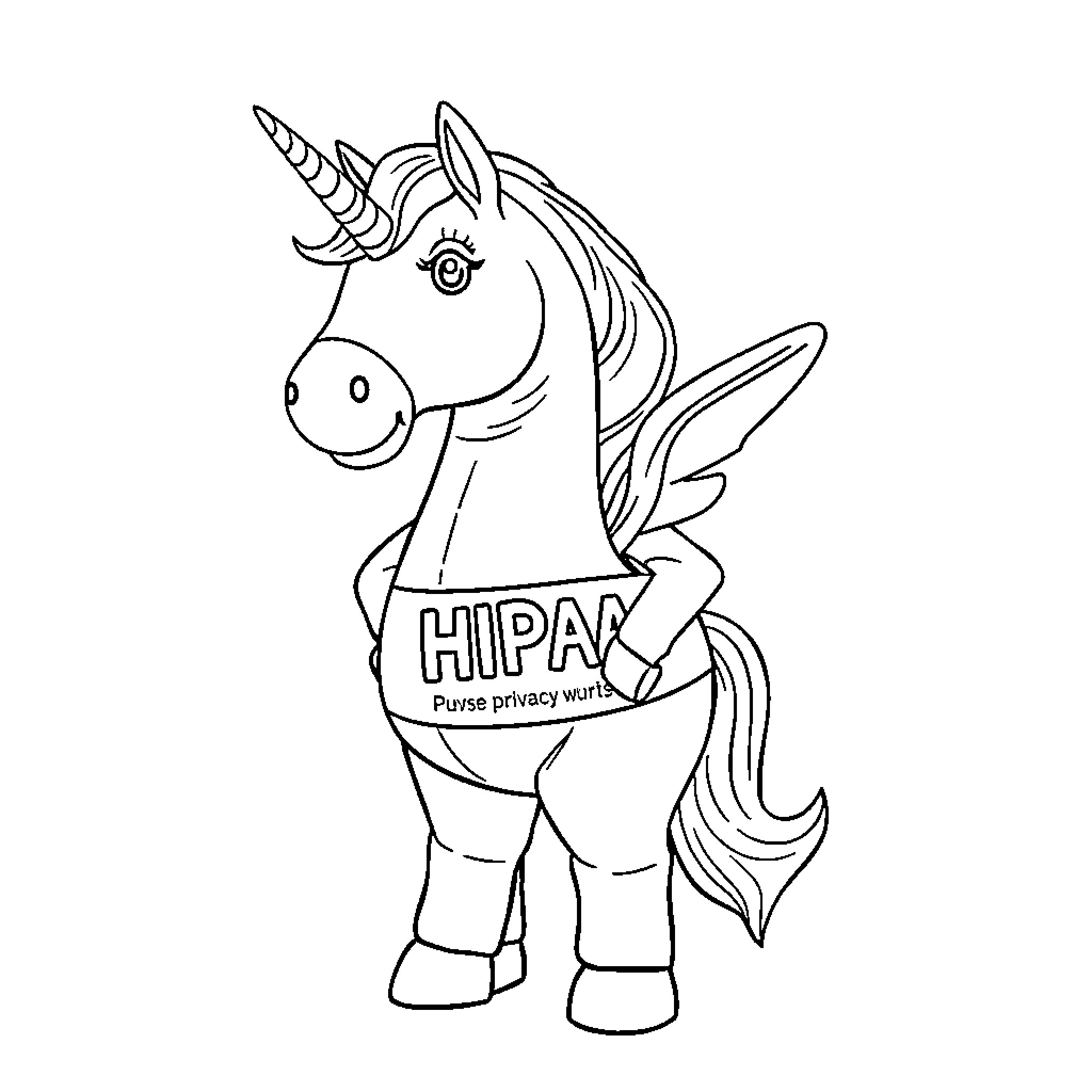 Unicorn wearing a 'Hipak' shirt with wings Coloring Page (free black-and-white line drawing printable PDF for all, from beginners to advanced learners, including children, teens, adults, and seniors)
