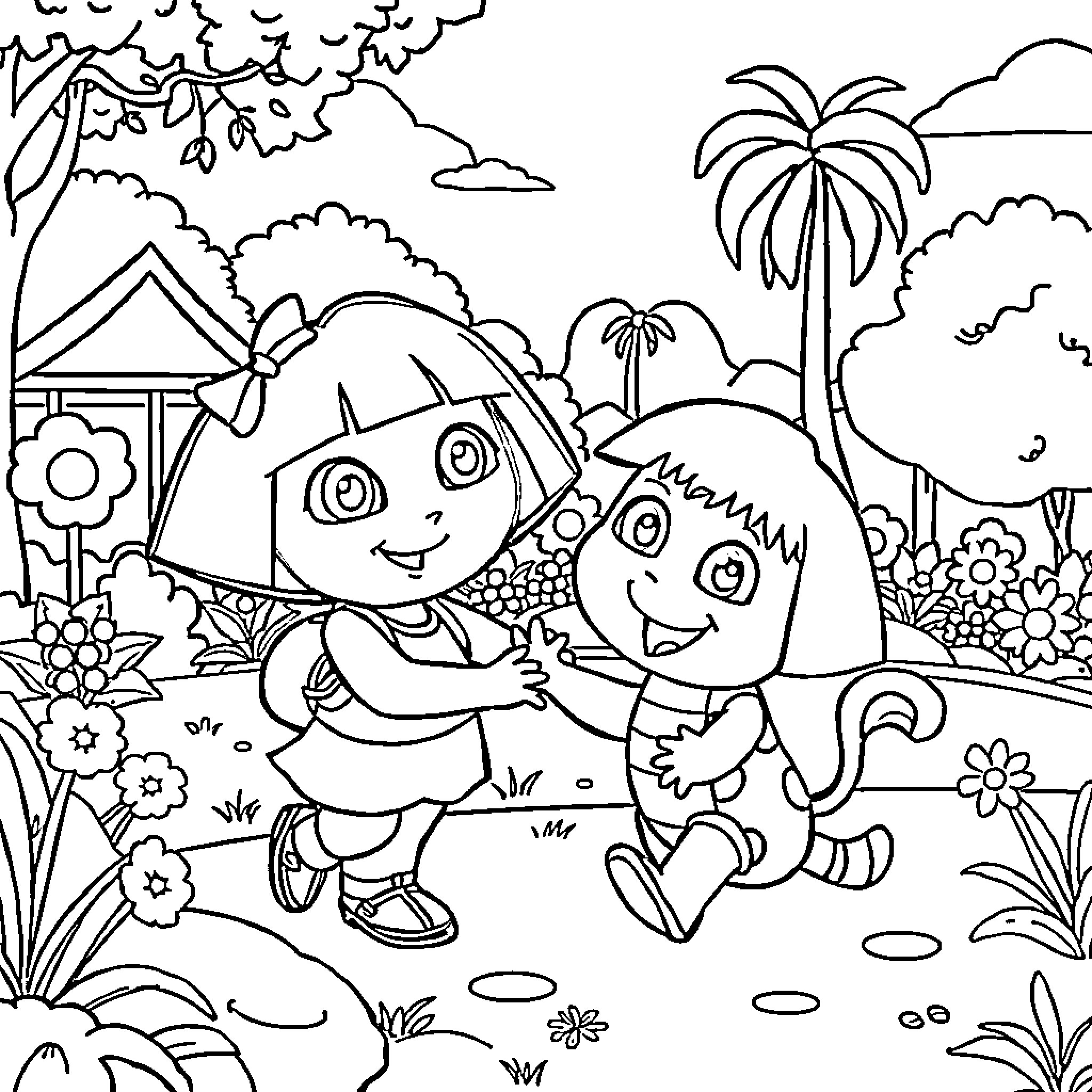 Dora and Boots enjoying a day in the jungle Coloring Page (free black-and-white line drawing printable PDF for all, from beginners to advanced learners, including children, teens, adults, and seniors)
