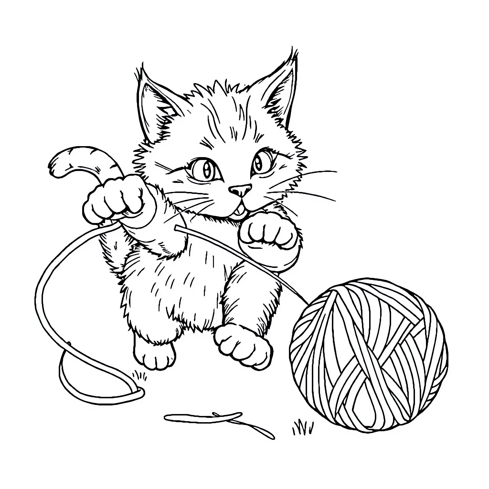 Cat playing with yarn and string Coloring Page (free black-and-white line drawing printable PDF for all, from beginners to advanced learners, including children, teens, adults, and seniors)