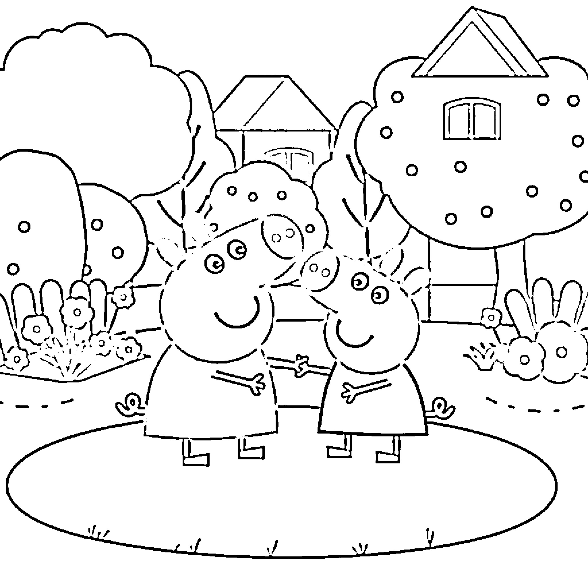 Peppa Pig and family enjoying the outdoors Coloring Page (free black-and-white line drawing printable PDF for all, from beginners to advanced learners, including children, teens, adults, and seniors)