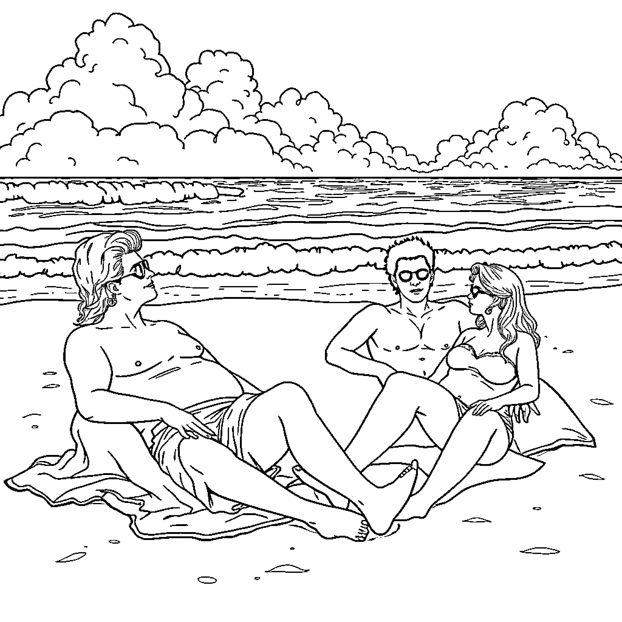 Soprano trio relaxing on the beach Coloring Page (free black-and-white line drawing printable PDF for all, from beginners to advanced learners, including children, teens, adults, and seniors)