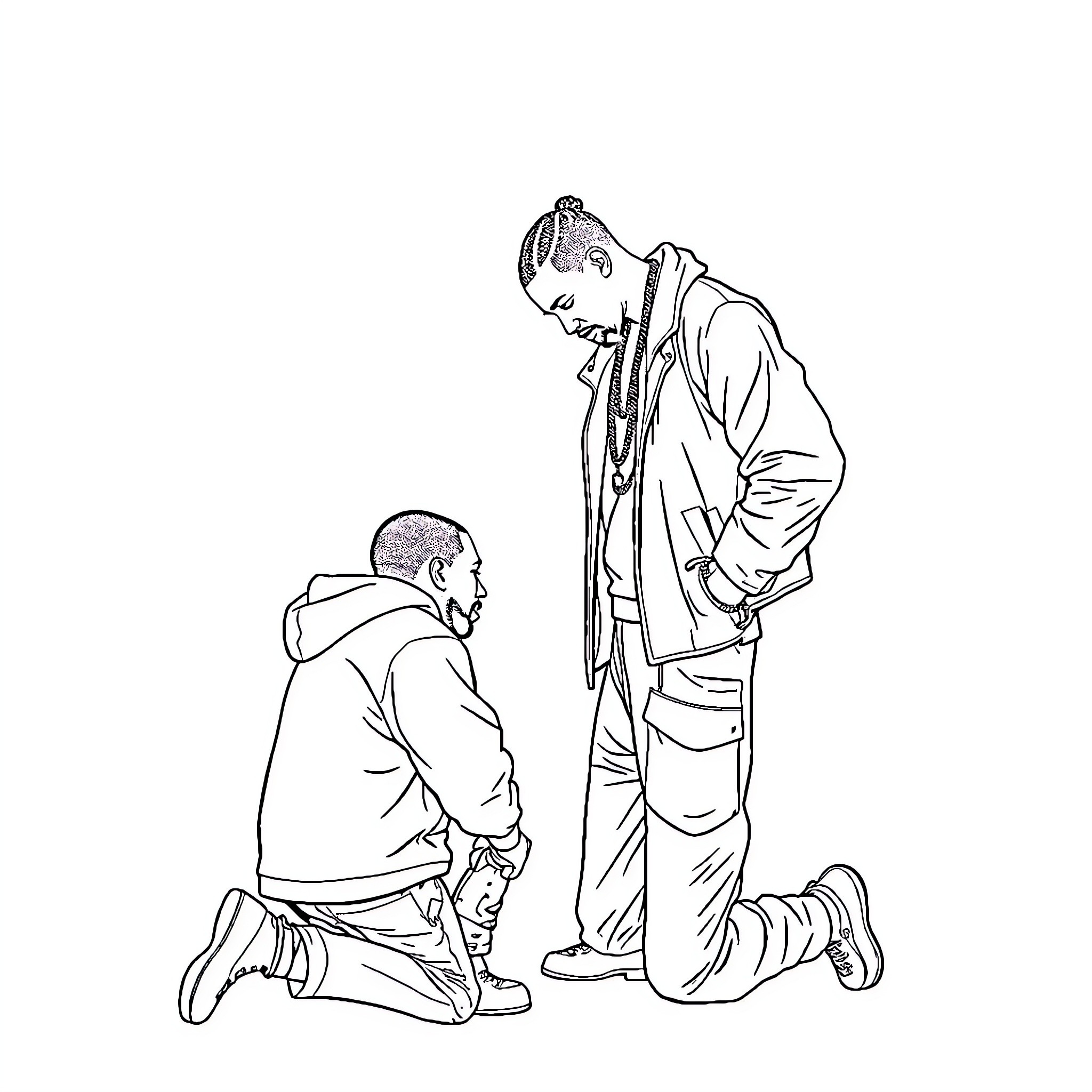 Drake speaking to kneeling man in contemplation Coloring Page (free black-and-white line drawing printable PDF for all, from beginners to advanced learners, including children, teens, adults, and seniors)