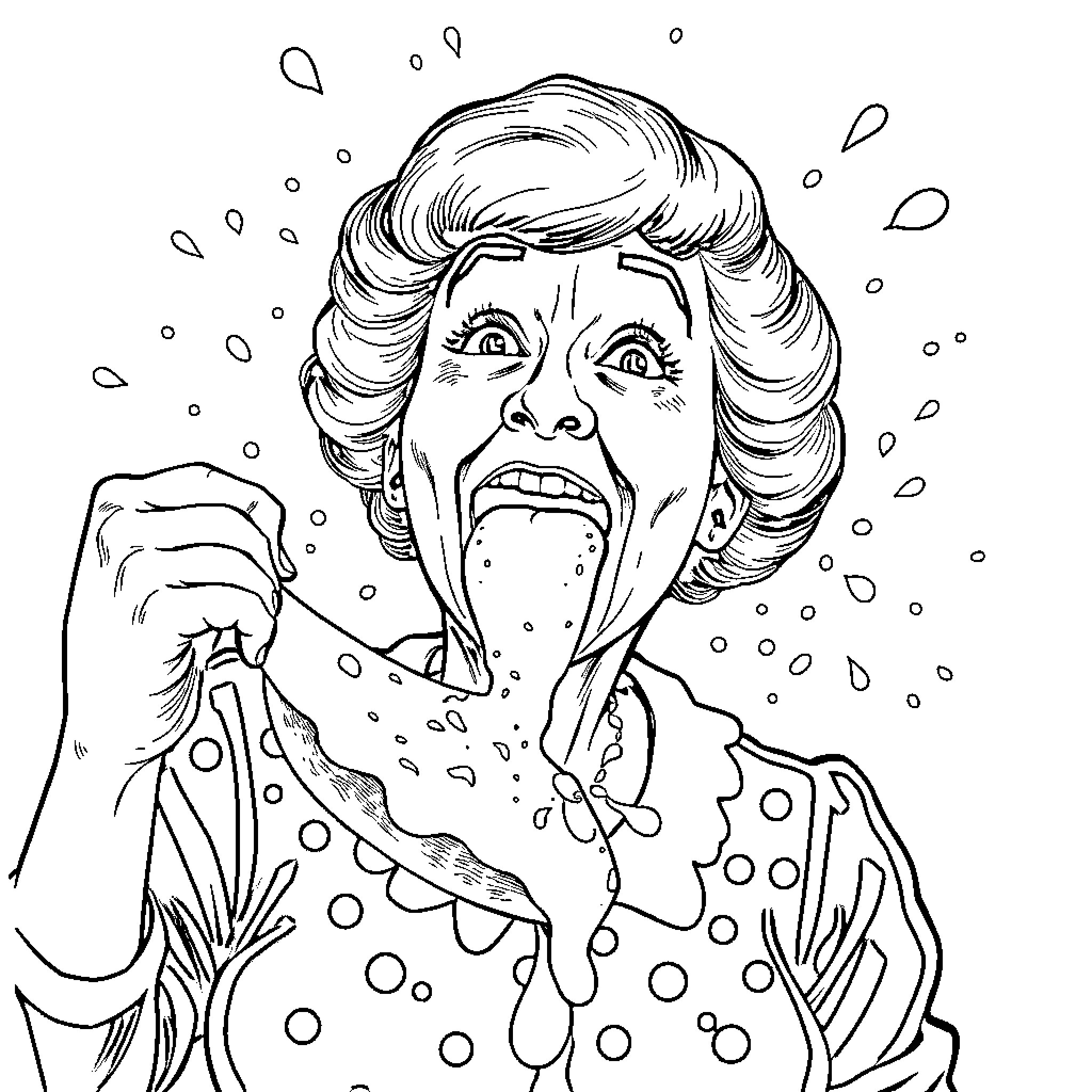 Enid Sinclair's Comical Reaction in Unexpected Circumstances Coloring Page (free black-and-white line drawing printable PDF for all, from beginners to advanced learners, including children, teens, adults, and seniors)