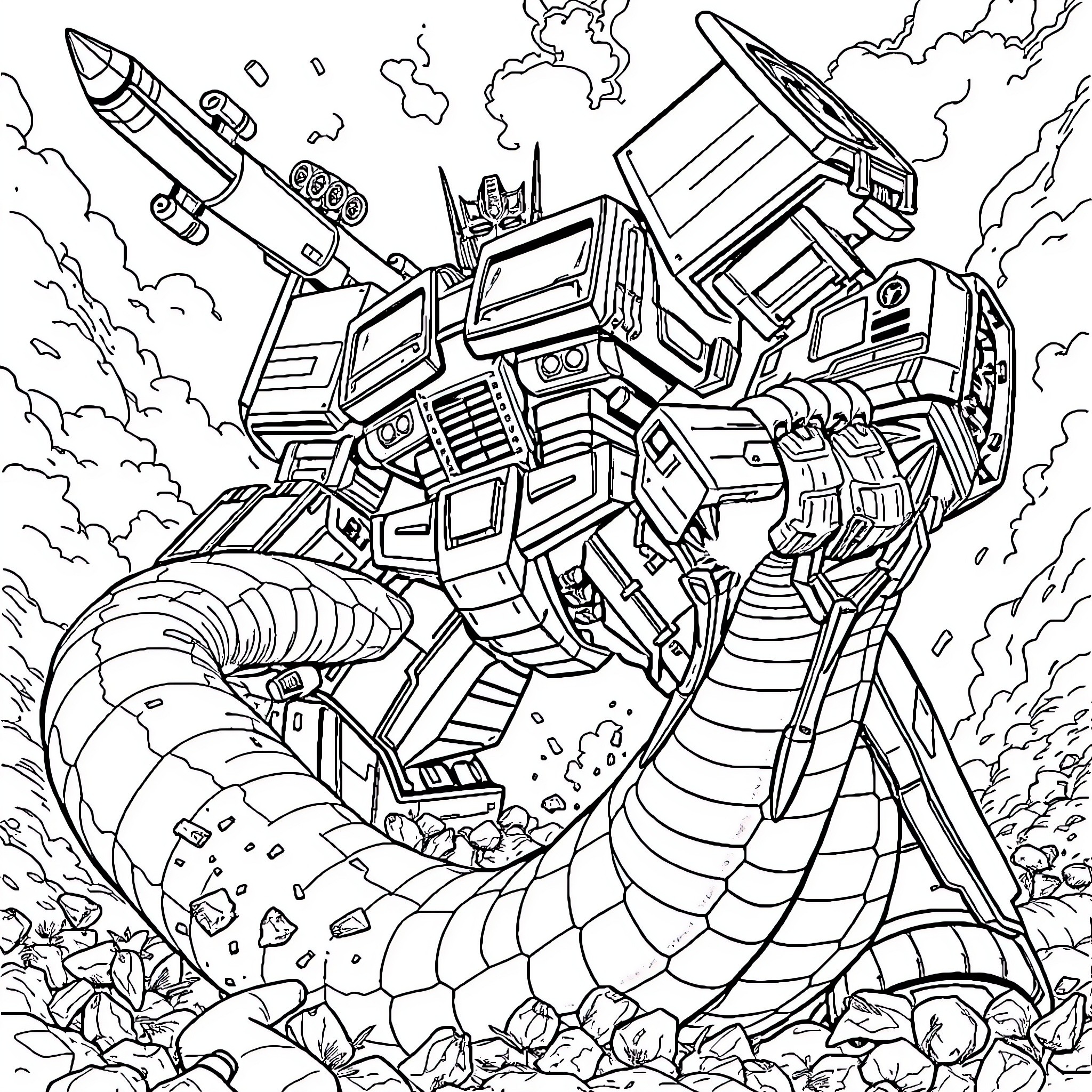 Transformer battle scene with explosions and destruction Coloring Page (free black-and-white line drawing printable PDF for all, from beginners to advanced learners, including children, teens, adults, and seniors)