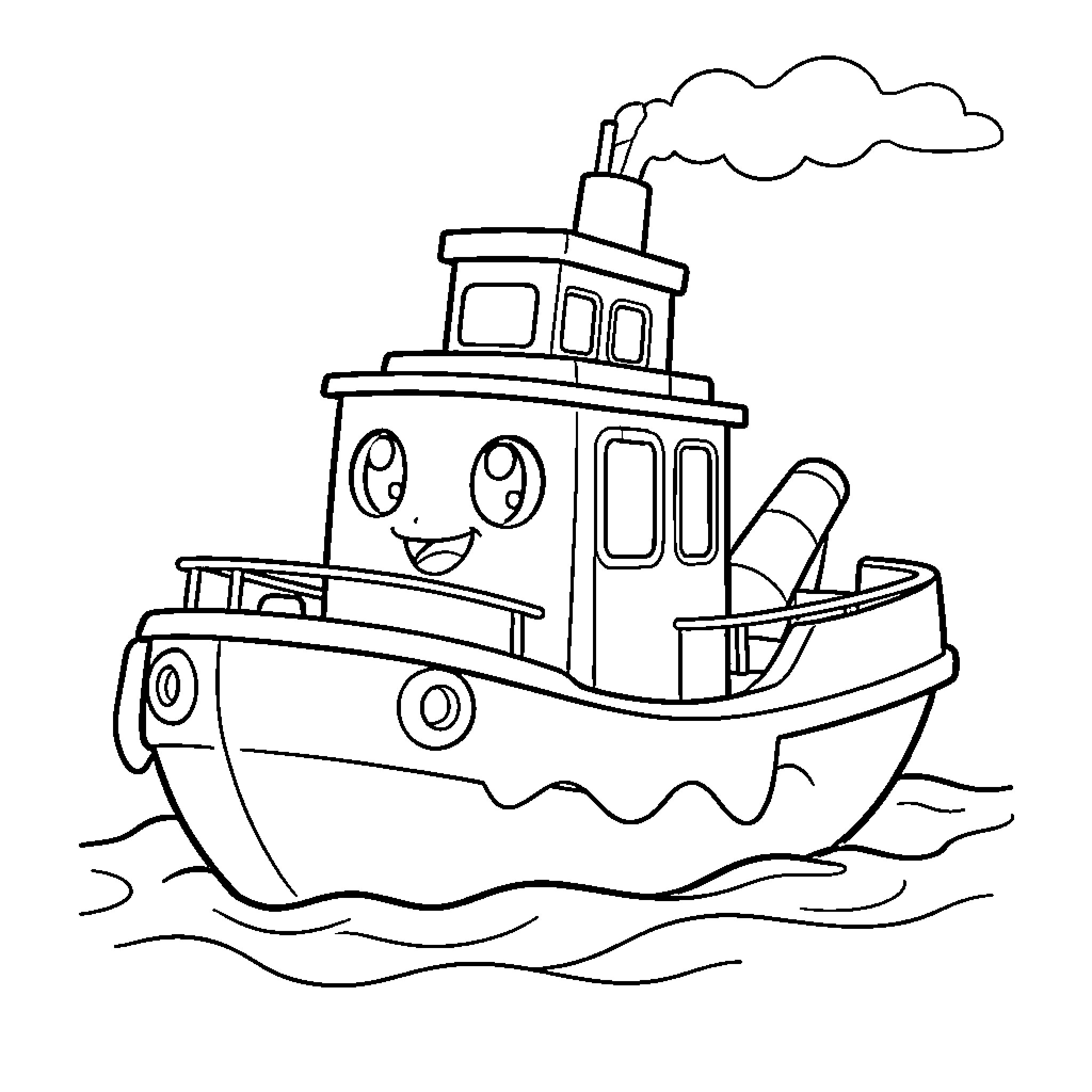 Tugboat sailing joyfully on the waves Coloring Page (free black-and-white line drawing printable PDF for all, from beginners to advanced learners, including children, teens, adults, and seniors)