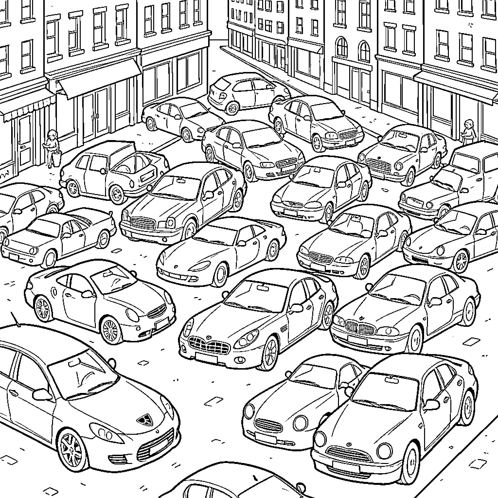 Car driving through busy city street traffic Coloring Page (free black-and-white line drawing printable PDF for all, from beginners to advanced learners, including children, teens, adults, and seniors)