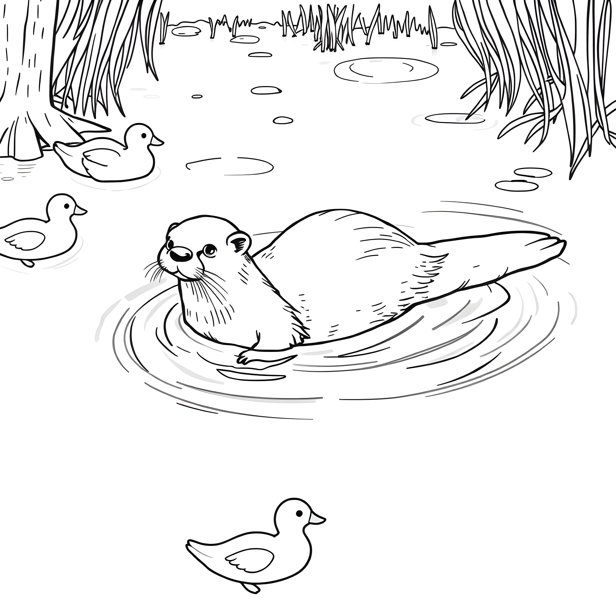 Otter swimming playfully with ducklings in the pond Coloring Page (free black-and-white line drawing printable PDF for all, from beginners to advanced learners, including children, teens, adults, and seniors)