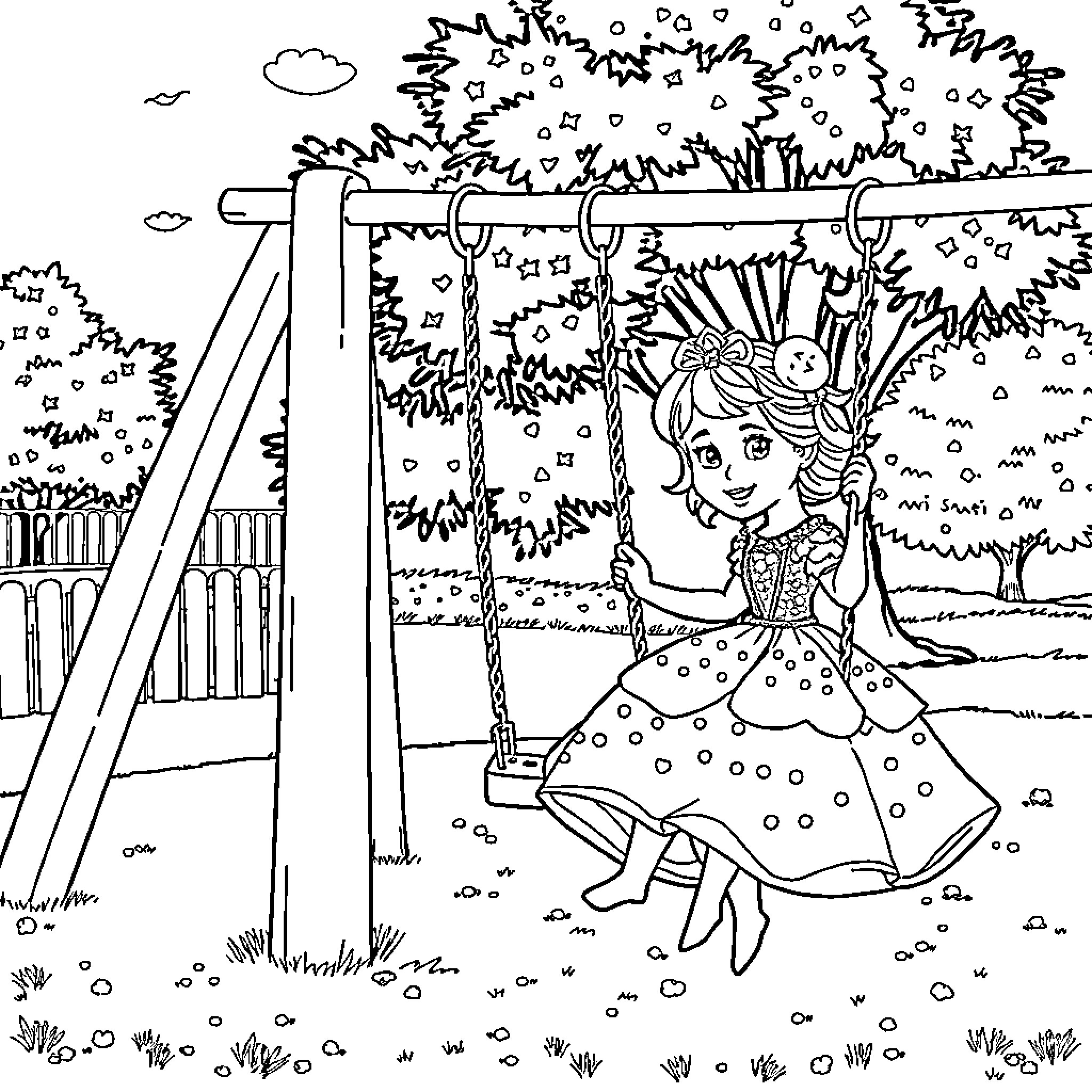 Princess Swinging in the Garden Coloring Page (free black-and-white line drawing printable PDF for all, from beginners to advanced learners, including children, teens, adults, and seniors)