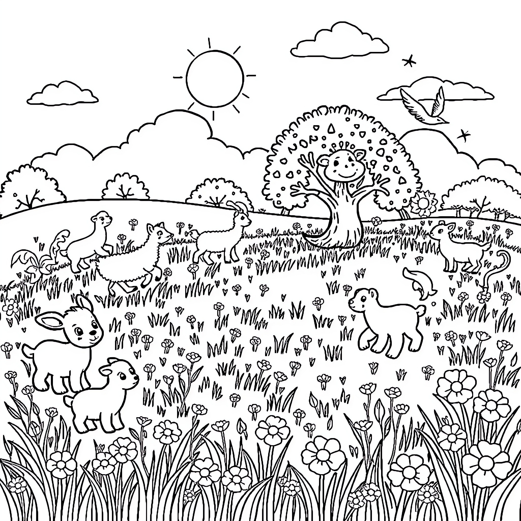 Baby Animals Playing in a Peaceful Meadow Coloring Page (free black-and-white line drawing printable PDF for all, from beginners to advanced learners, including children, teens, adults, and seniors)