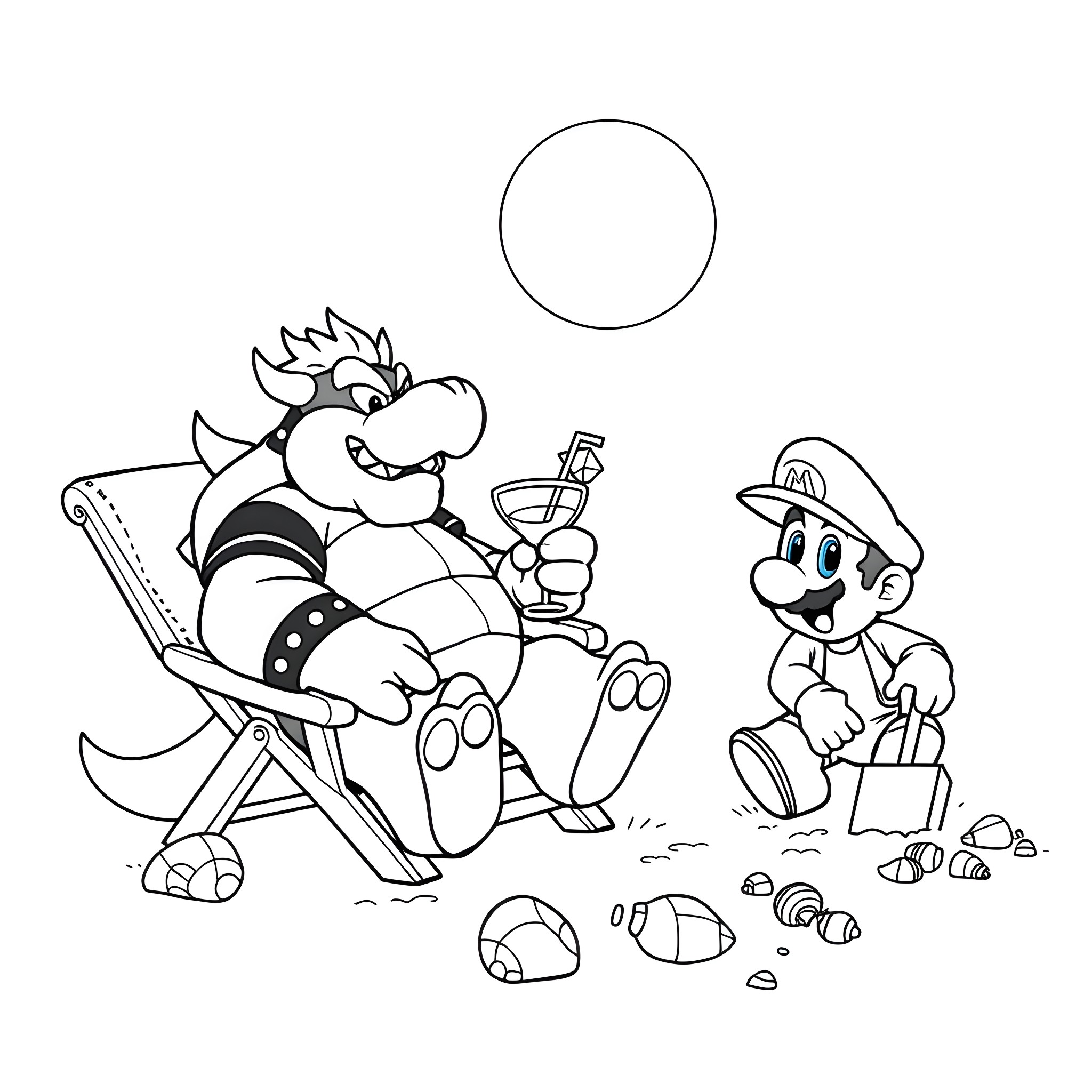 Bowser lounging while Mario explores the beach Coloring Page (free black-and-white line drawing printable PDF for all, from beginners to advanced learners, including children, teens, adults, and seniors)