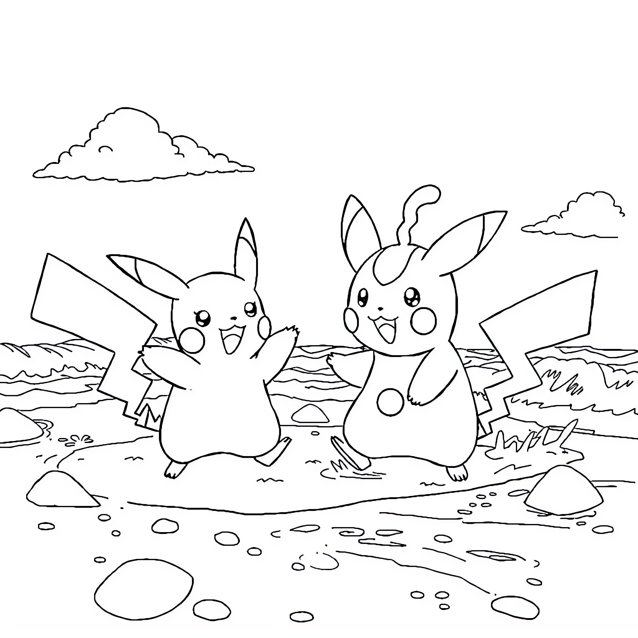 Pikachu and friends enjoying a day outdoors Coloring Page (free black-and-white line drawing printable PDF for all, from beginners to advanced learners, including children, teens, adults, and seniors)