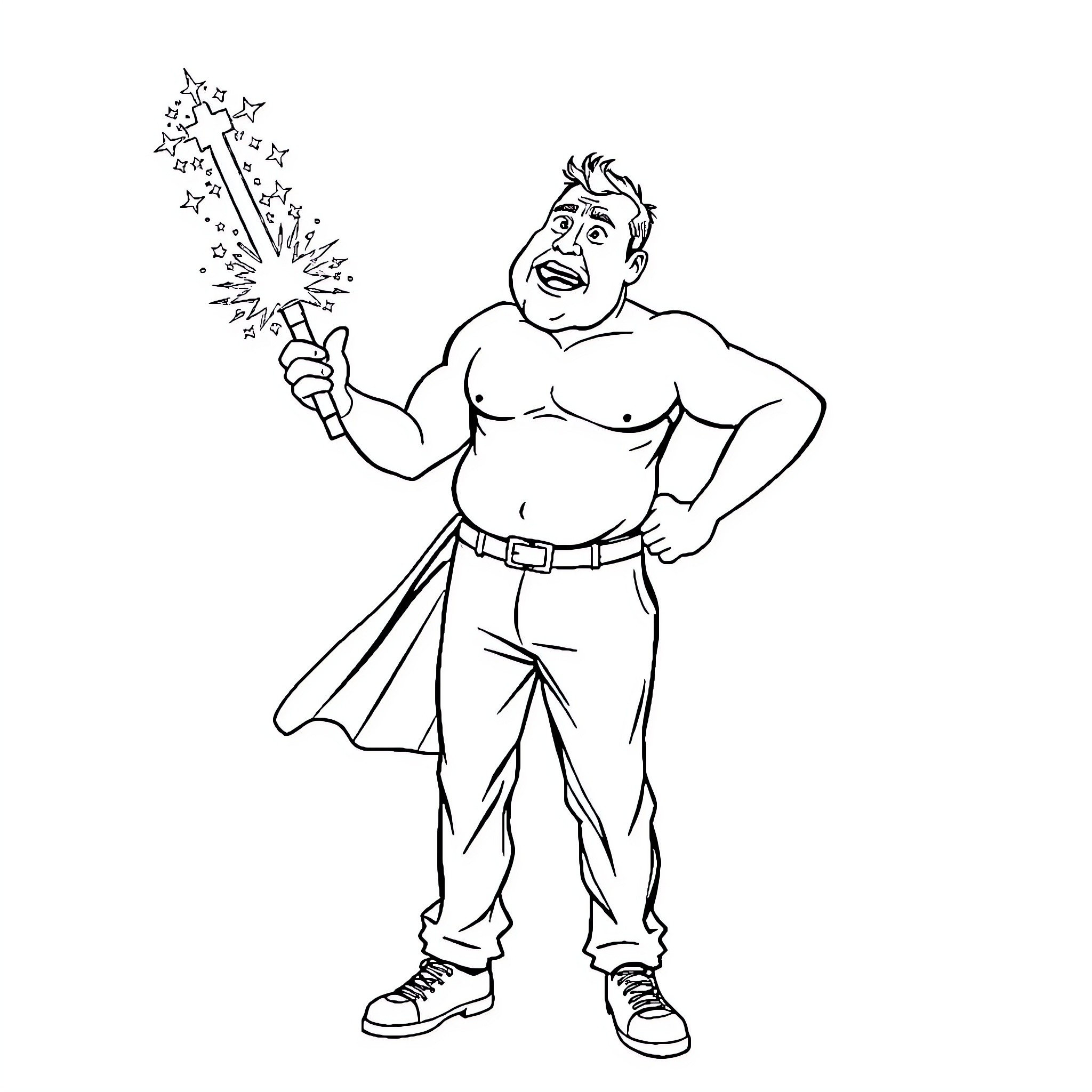 Dad holding a sparkler and laughing Coloring Page (free black-and-white line drawing printable PDF for all, from beginners to advanced learners, including children, teens, adults, and seniors)
