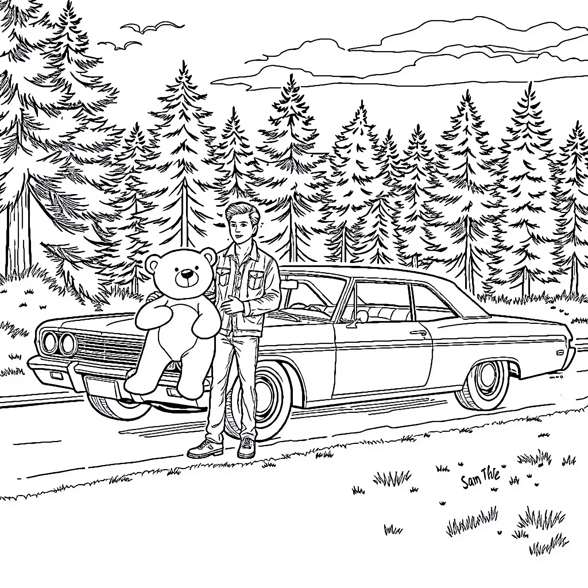 Impala in the wilderness with a traveler and a stuffed animal Coloring Page (free black-and-white line drawing printable PDF for all, from beginners to advanced learners, including children, teens, adults, and seniors)