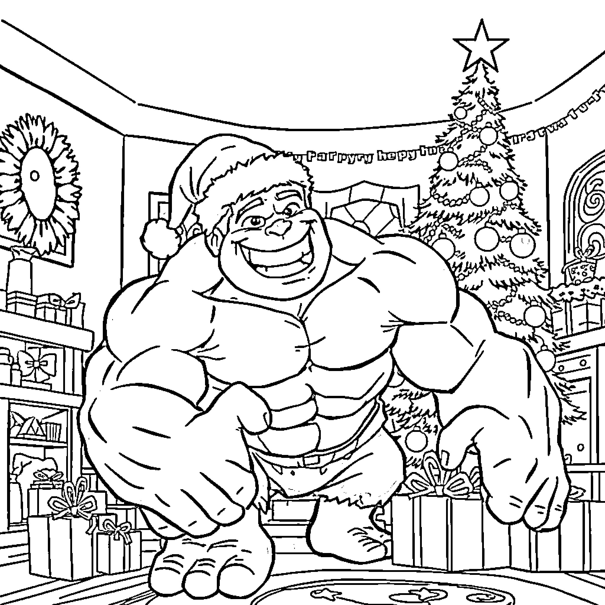 Hulk Celebrating Joyous Holiday in Winter Wonderland Coloring Page (free black-and-white line drawing printable PDF for all, from beginners to advanced learners, including children, teens, adults, and seniors)