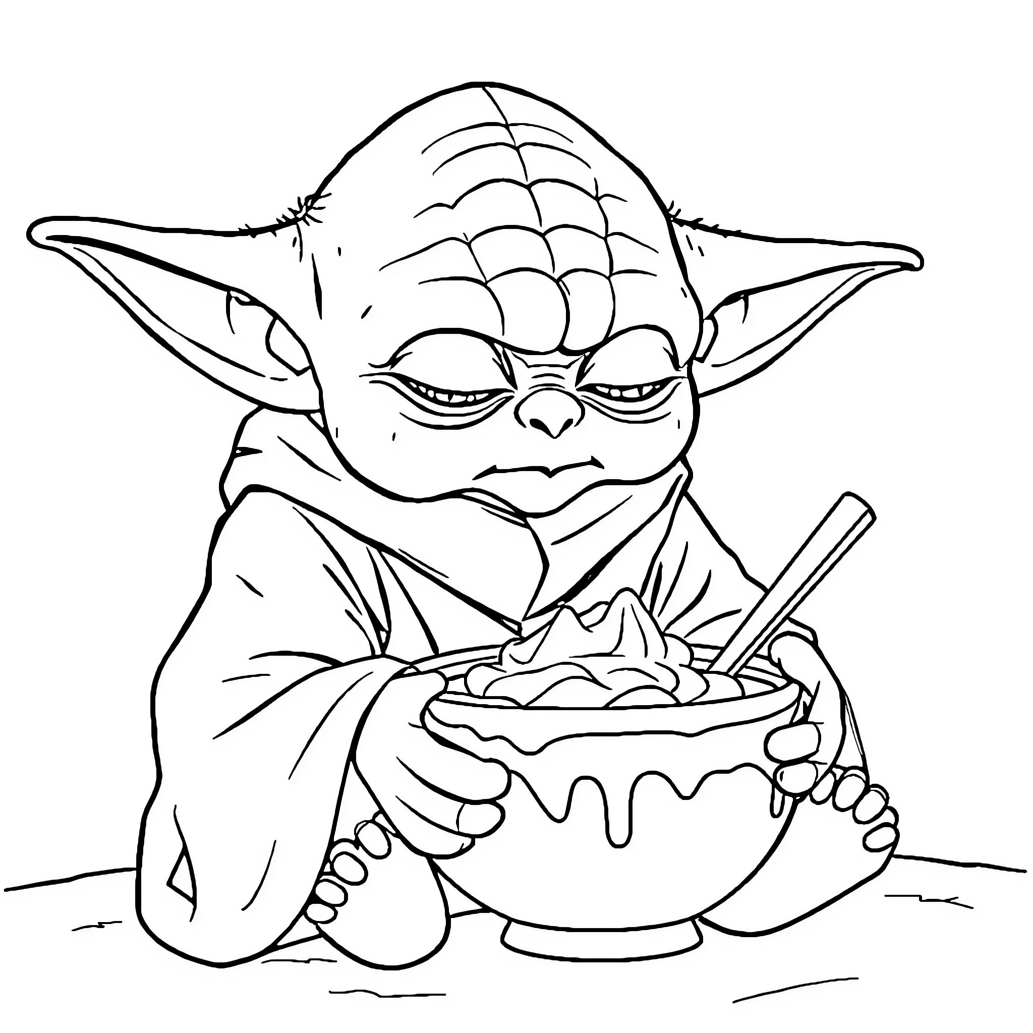 Yoda enjoying a tasty soup Coloring Page (free black-and-white line drawing printable PDF for all, from beginners to advanced learners, including children, teens, adults, and seniors)