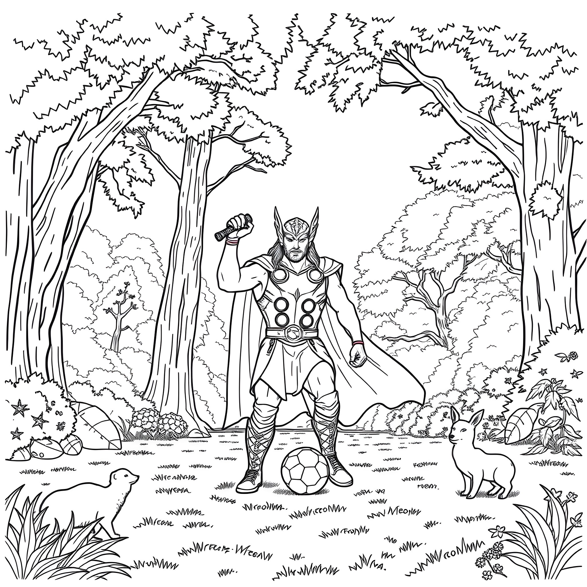 Thor's Heroic Stance in a Mystical Forest Coloring Page (free black-and-white line drawing printable PDF for all, from beginners to advanced learners, including children, teens, adults, and seniors)