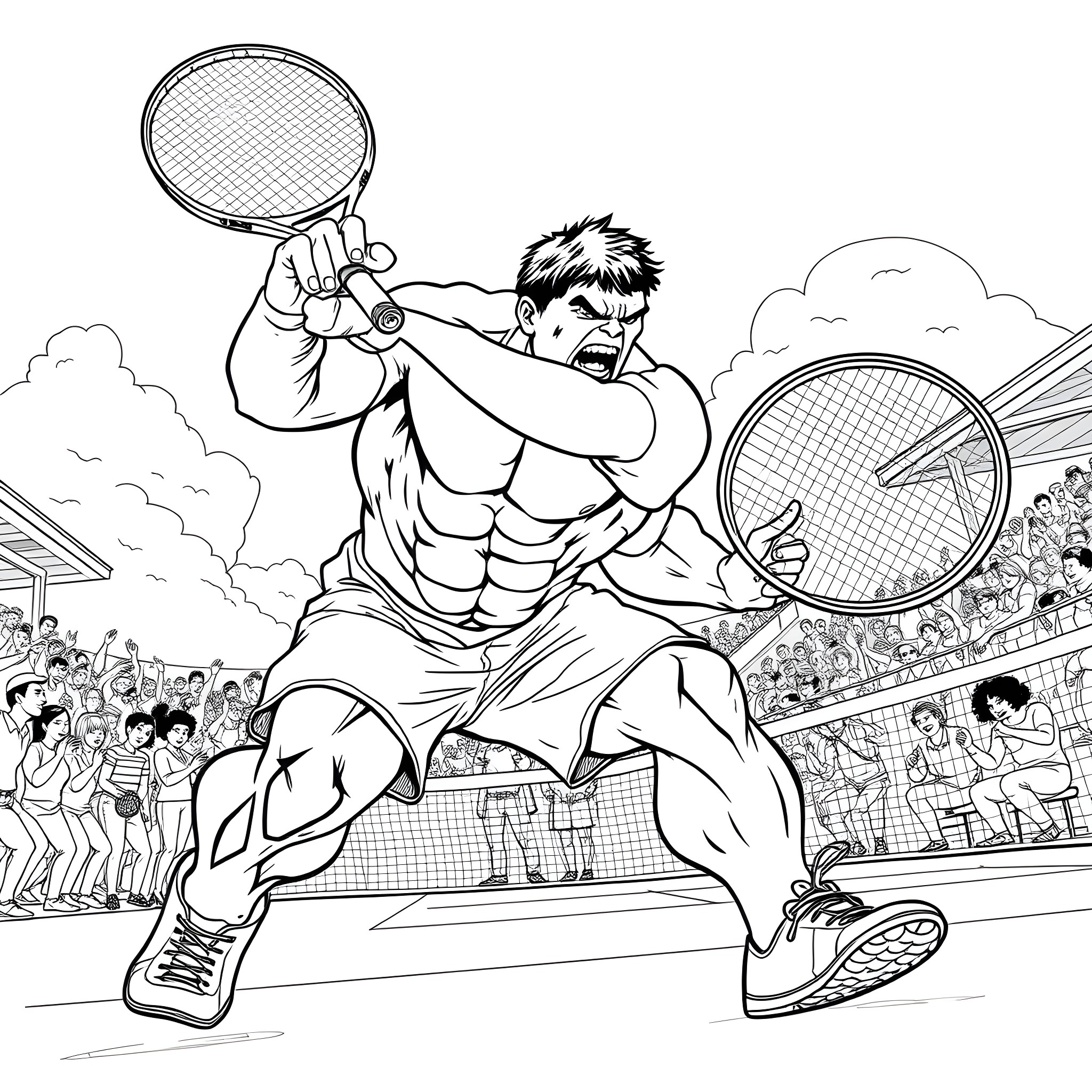 Hulk Smashing Tennis Rackets at the Stadium Coloring Page (free black-and-white line drawing printable PDF for all, from beginners to advanced learners, including children, teens, adults, and seniors)