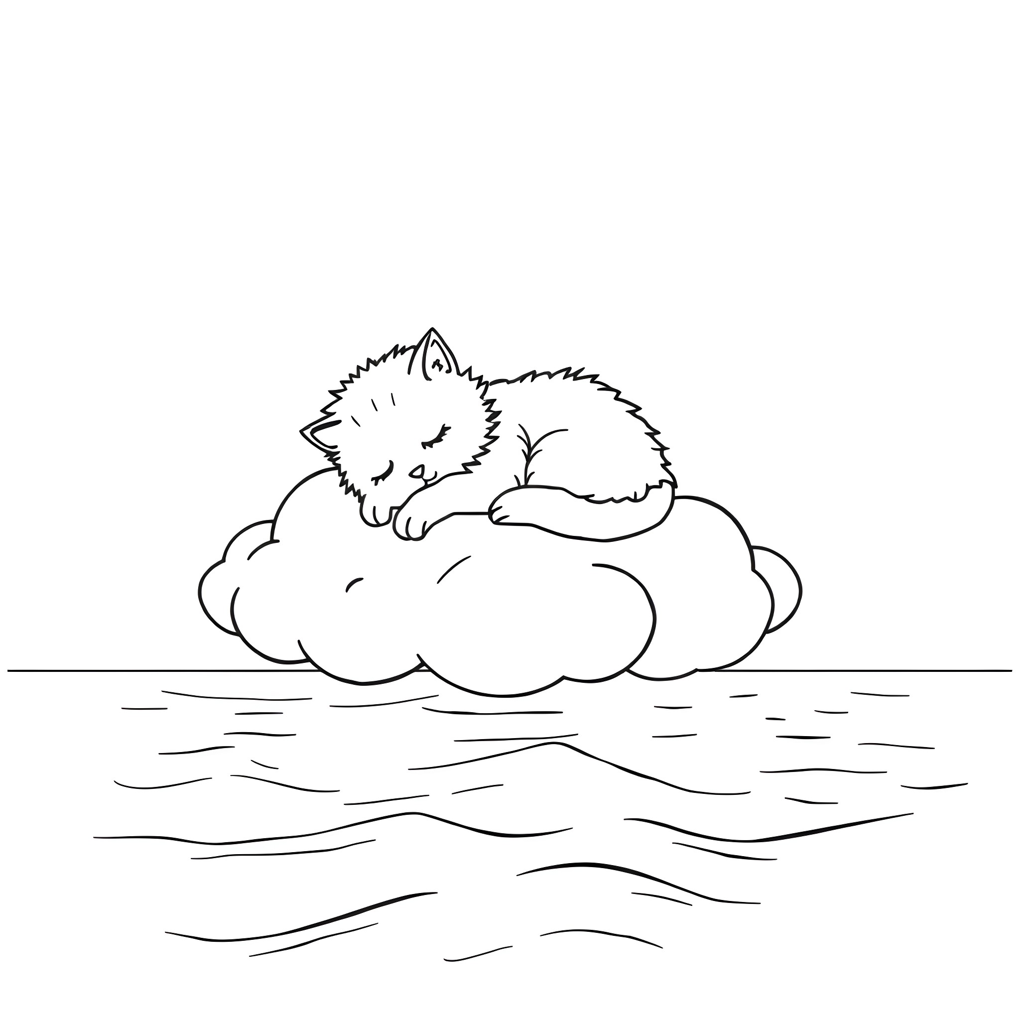 Cat napping on a cloud above the sea Coloring Page (free black-and-white line drawing printable PDF for all, from beginners to advanced learners, including children, teens, adults, and seniors)