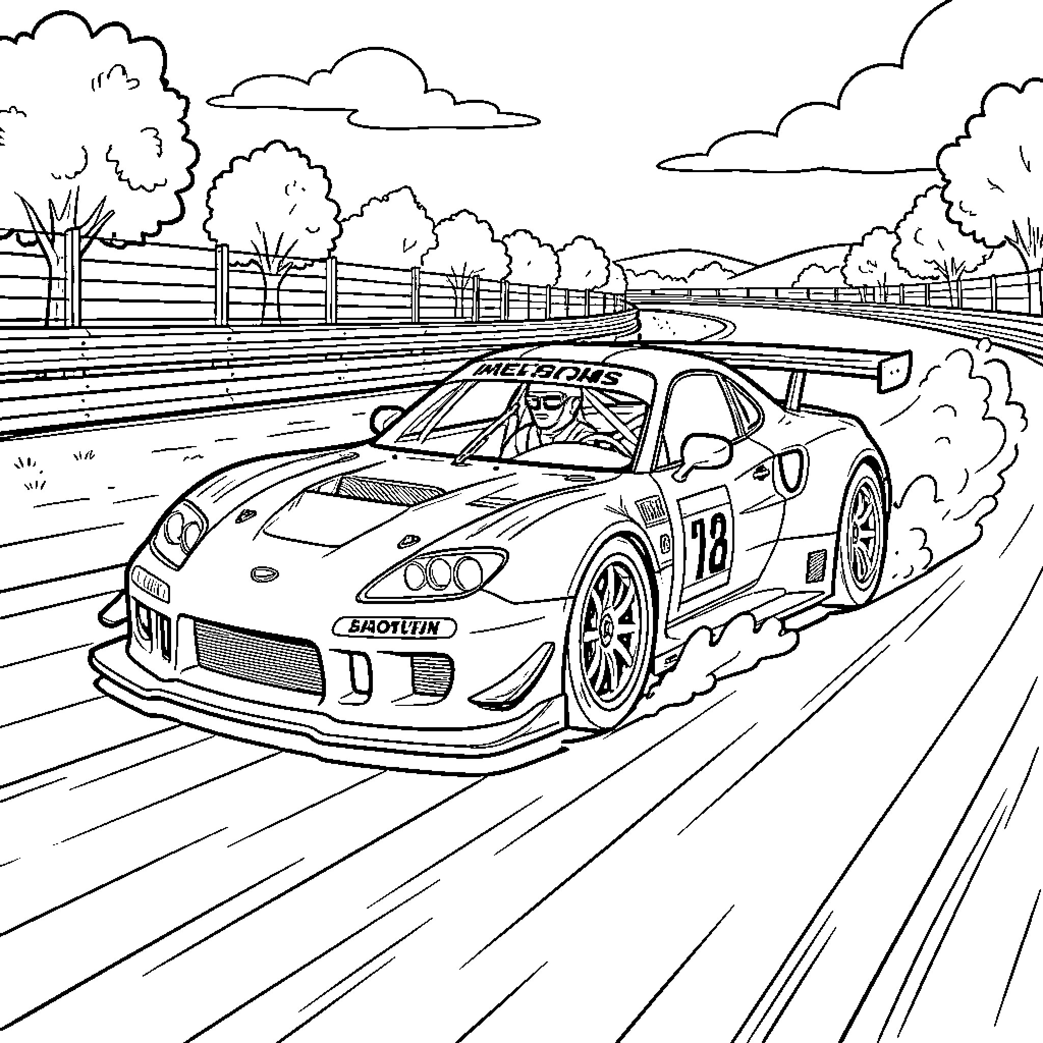 Race Car speeding quickly around a curved track Coloring Page (free black-and-white line drawing printable PDF for all, from beginners to advanced learners, including children, teens, adults, and seniors)