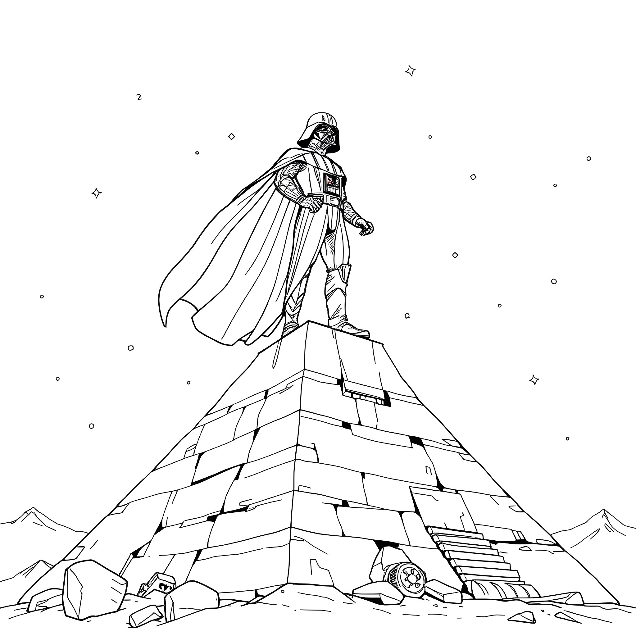Darth Vader standing atop a pyramid in a starry night Coloring Page (free black-and-white line drawing printable PDF for all, from beginners to advanced learners, including children, teens, adults, and seniors)