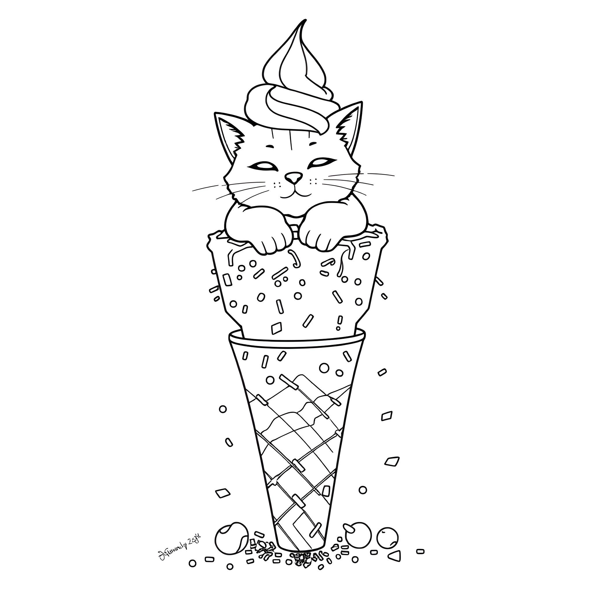 Ice Cream Cat Enjoying a Frozen Treat Coloring Page (free black-and-white line drawing printable PDF for all, from beginners to advanced learners, including children, teens, adults, and seniors)