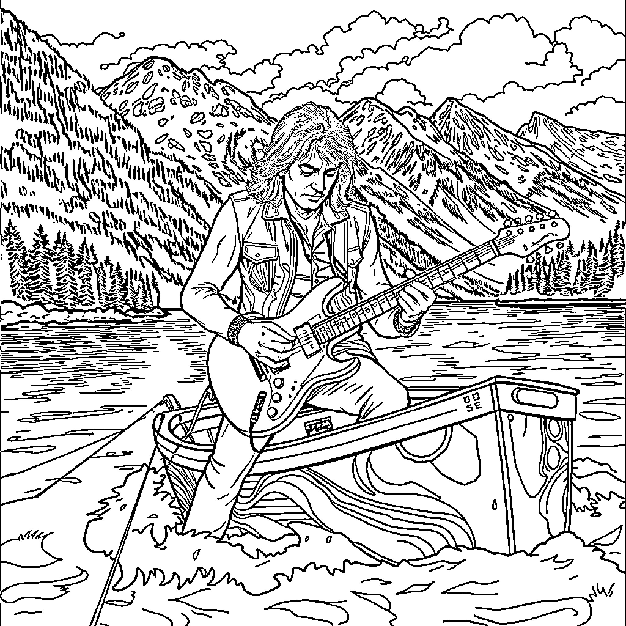 Eddie Van Halen rocking out in the mountains Coloring Page (free black-and-white line drawing printable PDF for all, from beginners to advanced learners, including children, teens, adults, and seniors)