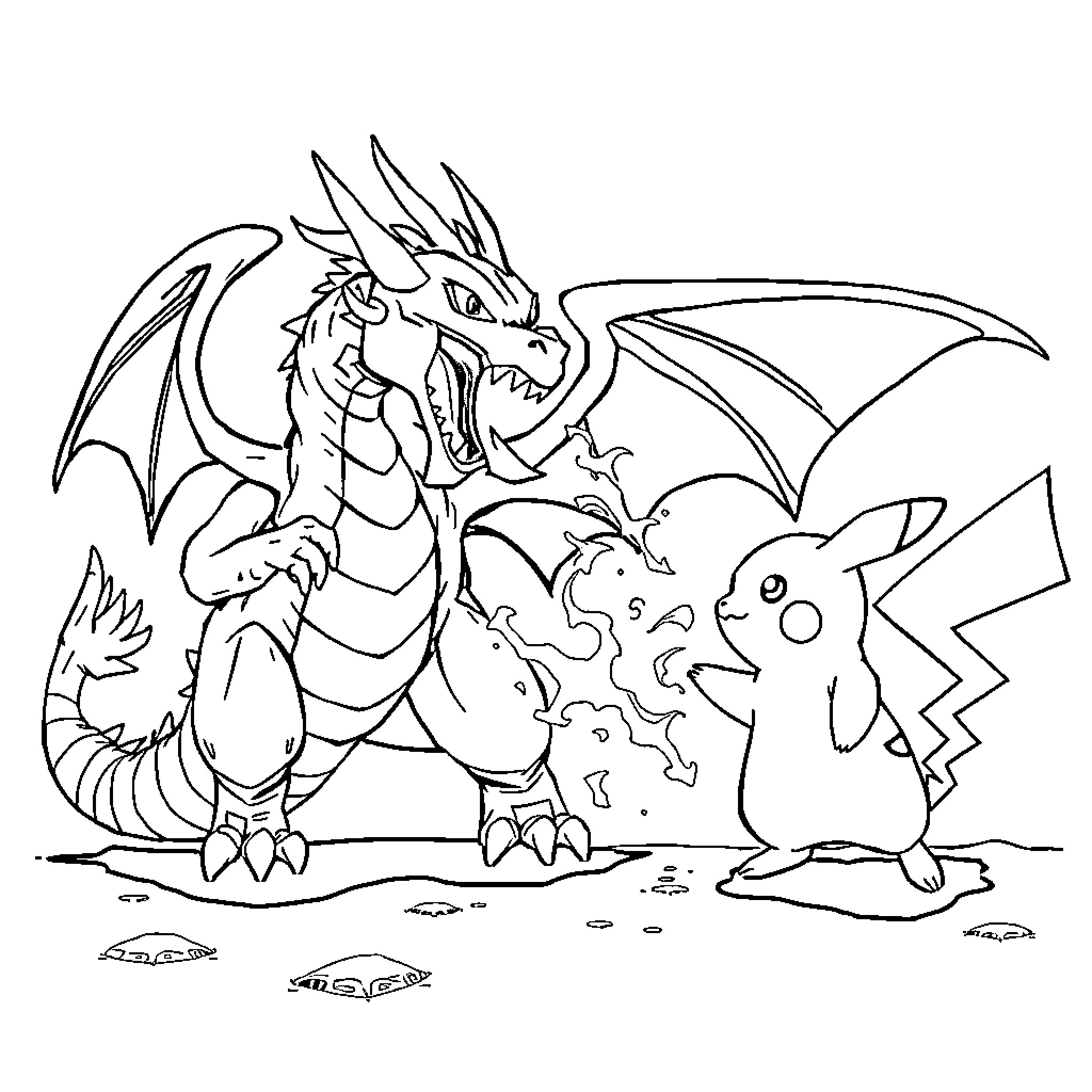 Dracofeu battling alongside Pikachu Coloring Page (free black-and-white line drawing printable PDF for all, from beginners to advanced learners, including children, teens, adults, and seniors)