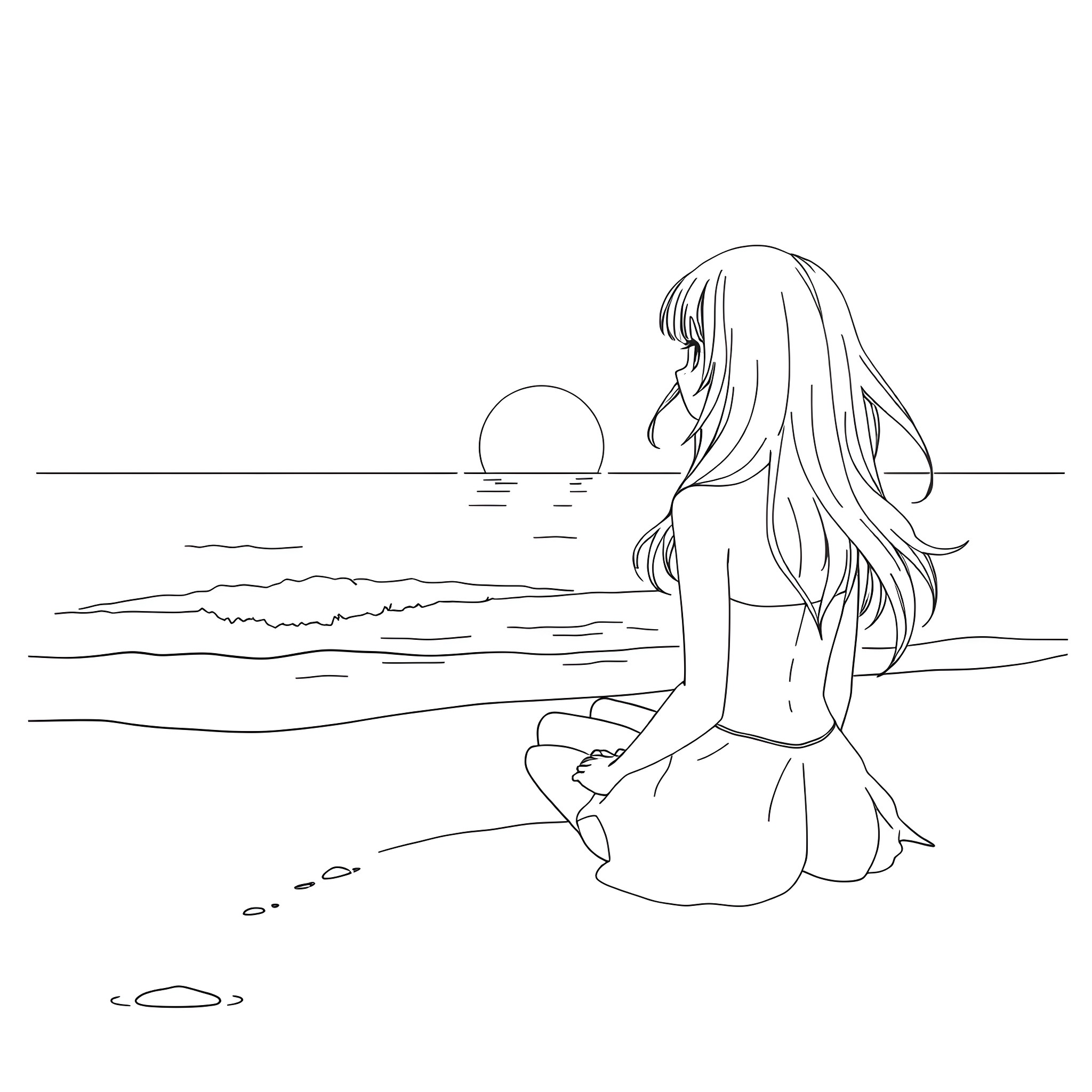 Anime Girl Watching the Sunset on the Beach Coloring Page (free black-and-white line drawing printable PDF for all, from beginners to advanced learners, including children, teens, adults, and seniors)