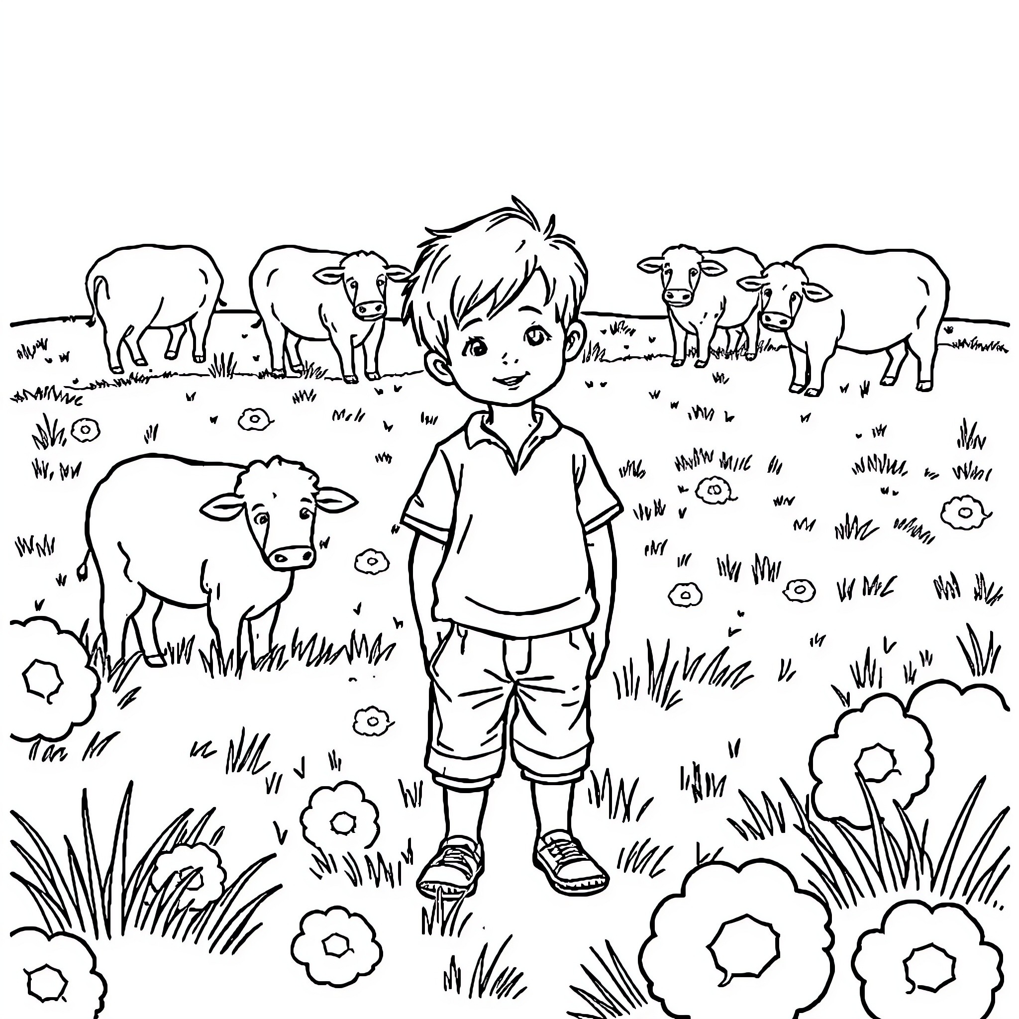 Boy surrounded by a herd of curious cows in a grassy field Coloring Page (free black-and-white line drawing printable PDF for all, from beginners to advanced learners, including children, teens, adults, and seniors)