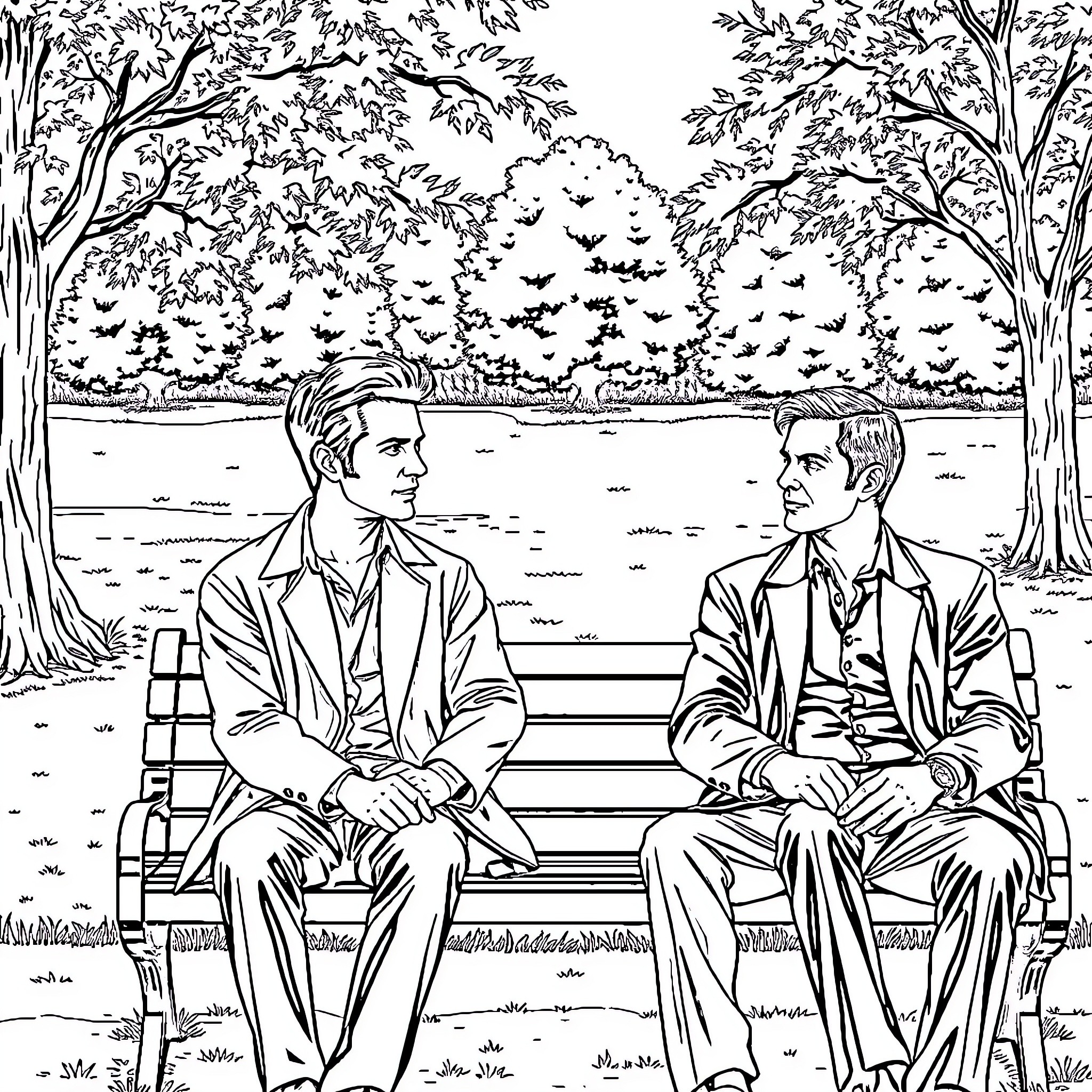 House friends discussing on bench in nature Coloring Page (free black-and-white line drawing printable PDF for all, from beginners to advanced learners, including children, teens, adults, and seniors)