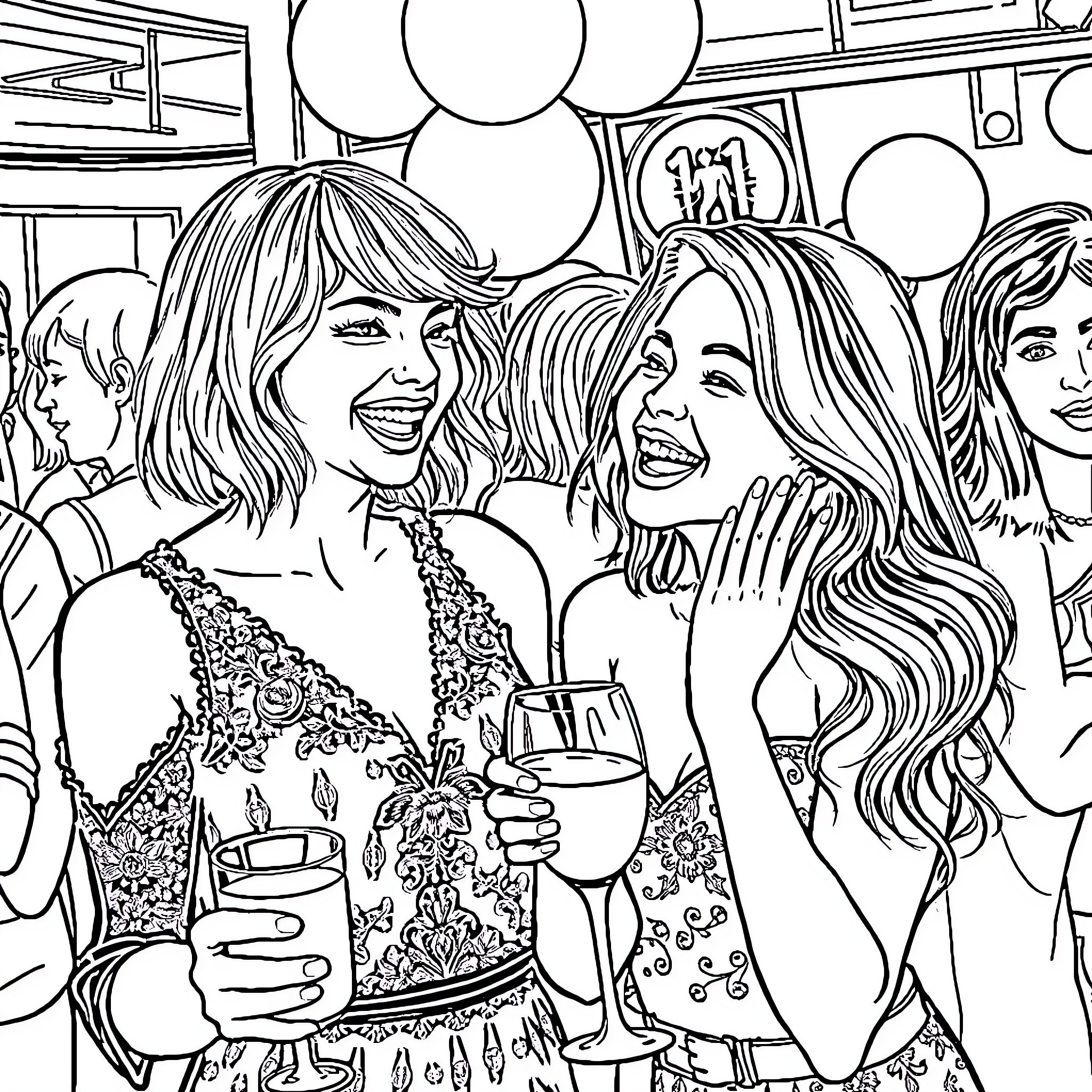 Taylor Swift Celebrates with Friends at a Party Coloring Page (free black-and-white line drawing printable PDF for all, from beginners to advanced learners, including children, teens, adults, and seniors)