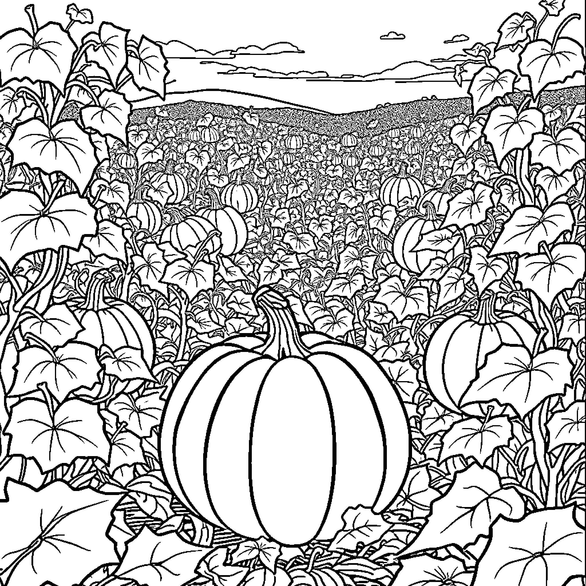 Pumpkin patch surrounded by vibrant foliage Coloring Page (free black-and-white line drawing printable PDF for all, from beginners to advanced learners, including children, teens, adults, and seniors)