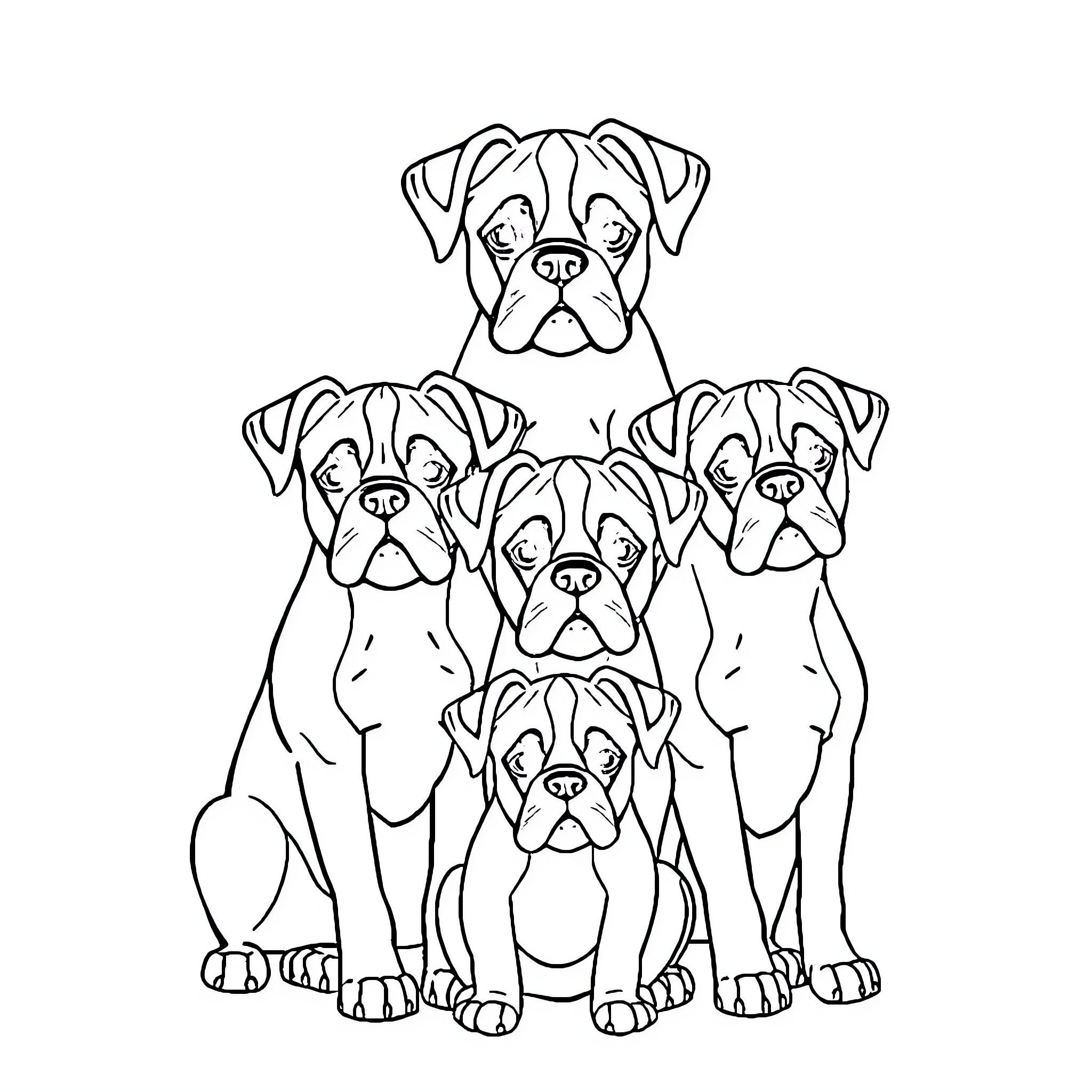 Boxer Dogs in Playful Pose Coloring Page (free black-and-white line drawing printable PDF for all, from beginners to advanced learners, including children, teens, adults, and seniors)