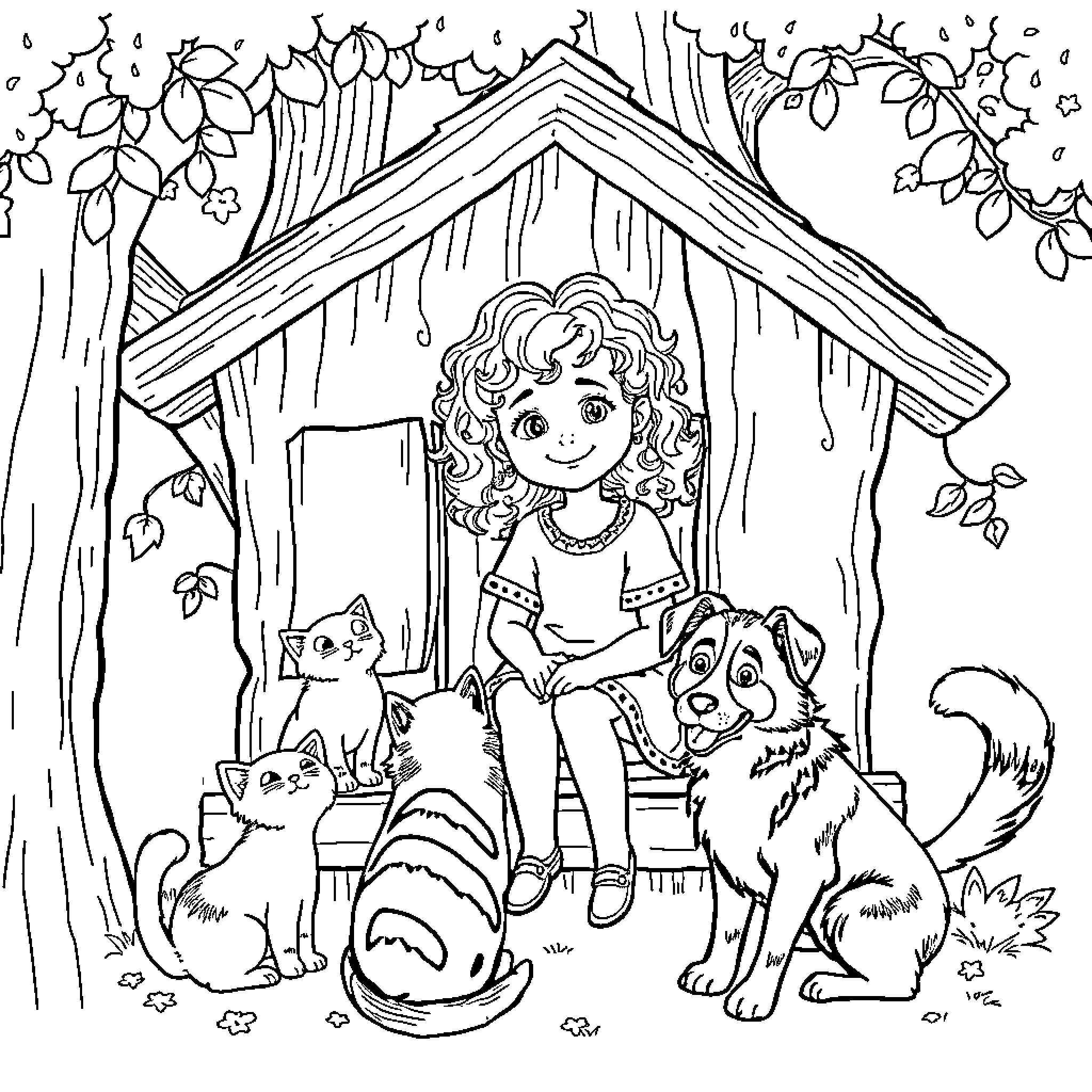 Girl playing with pets in the backyard Coloring Page (free black-and-white line drawing printable PDF for all, from beginners to advanced learners, including children, teens, adults, and seniors)