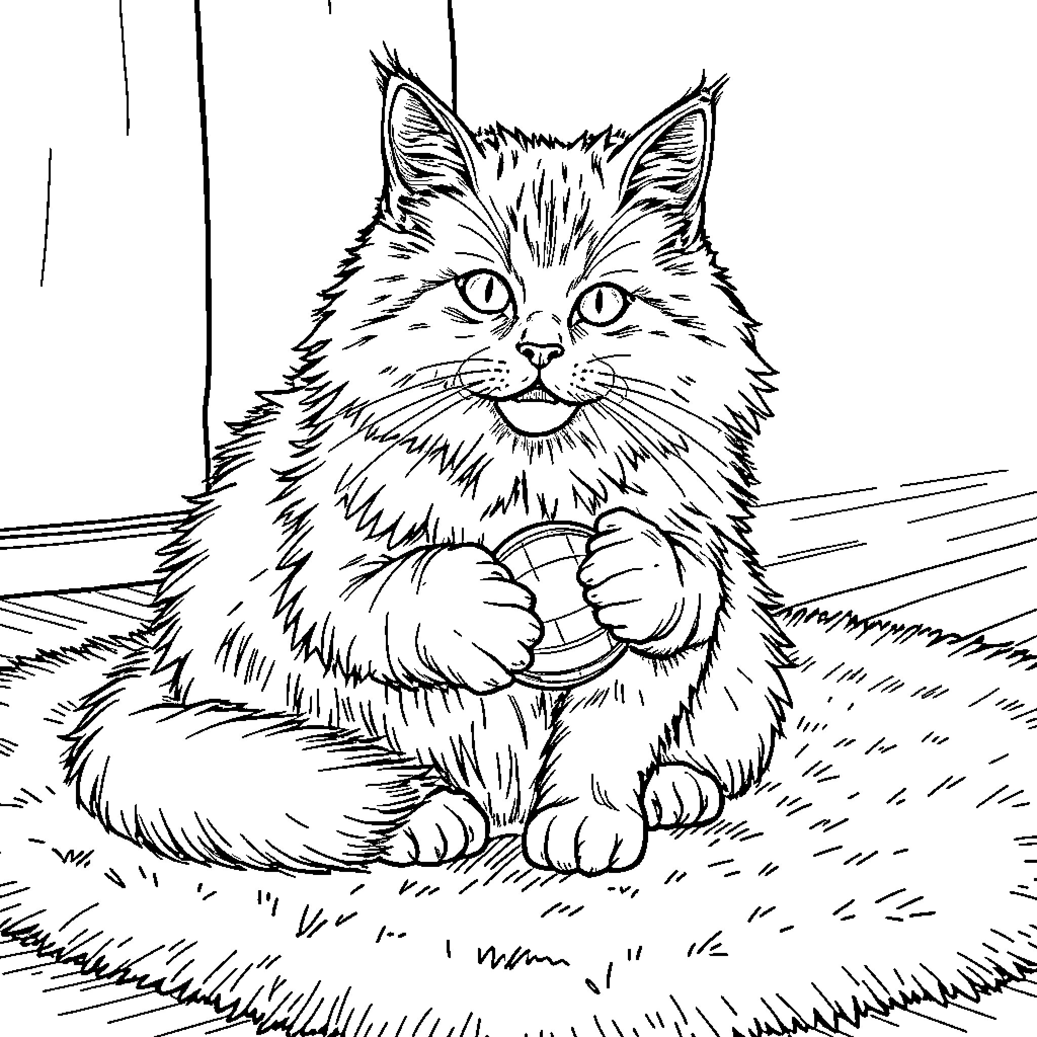 Cat relaxing contentedly on grassy terrain Coloring Page (free black-and-white line drawing printable PDF for all, from beginners to advanced learners, including children, teens, adults, and seniors)