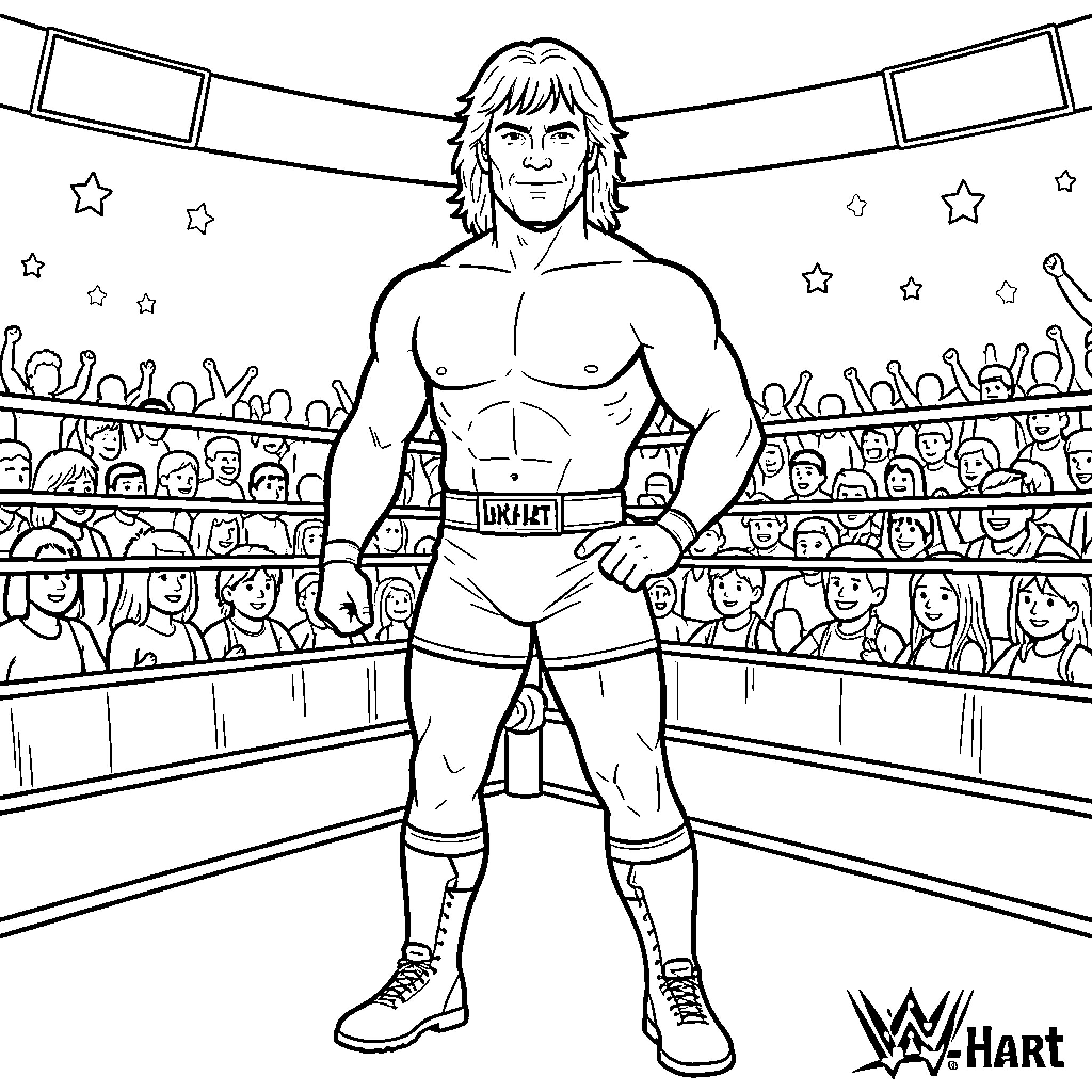 Bret Hart standing confidently in a wrestling ring Coloring Page (free black-and-white line drawing printable PDF for all, from beginners to advanced learners, including children, teens, adults, and seniors)