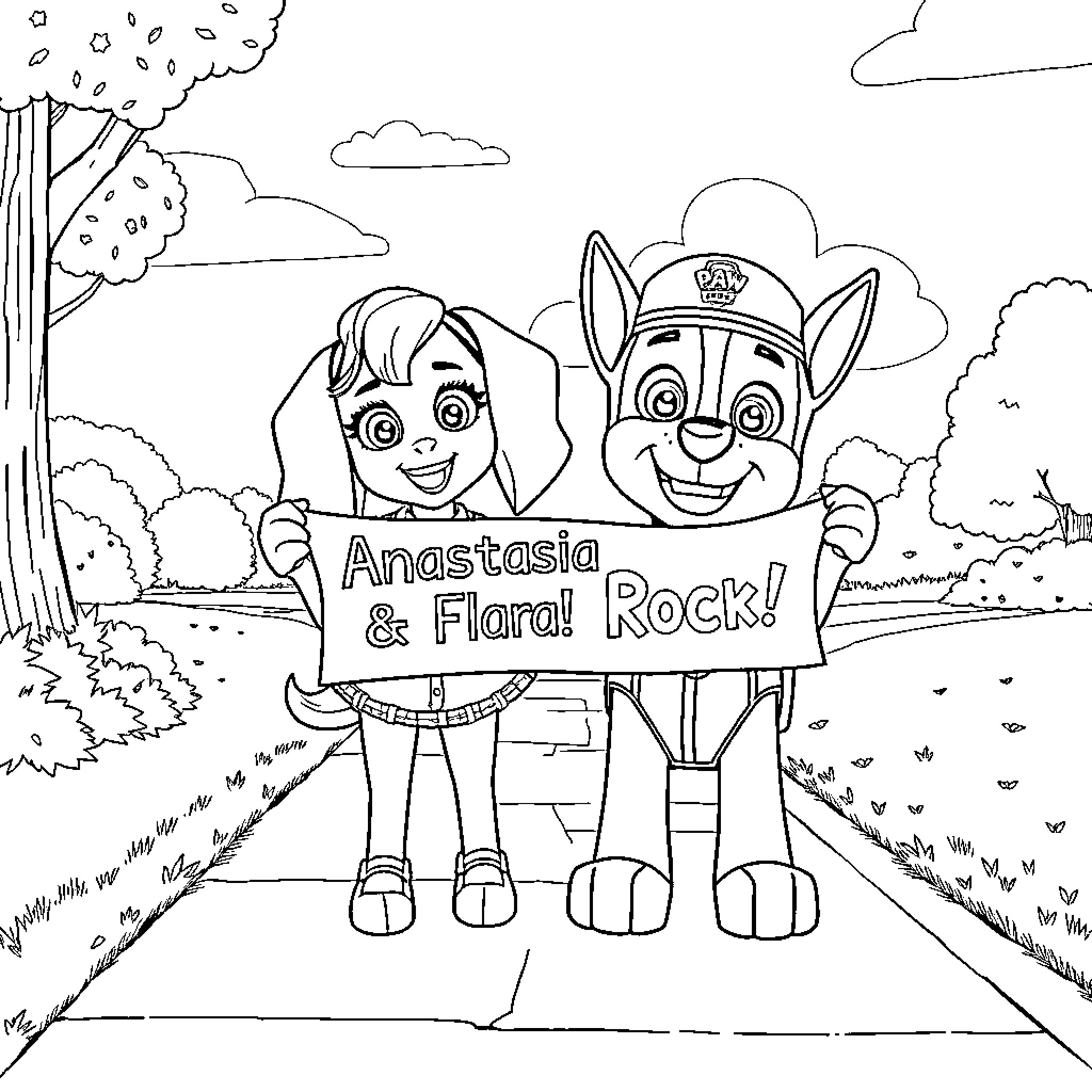 Paw Patrol Characters Celebrate and Rock Together Coloring Page (free black-and-white line drawing printable PDF for all, from beginners to advanced learners, including children, teens, adults, and seniors)