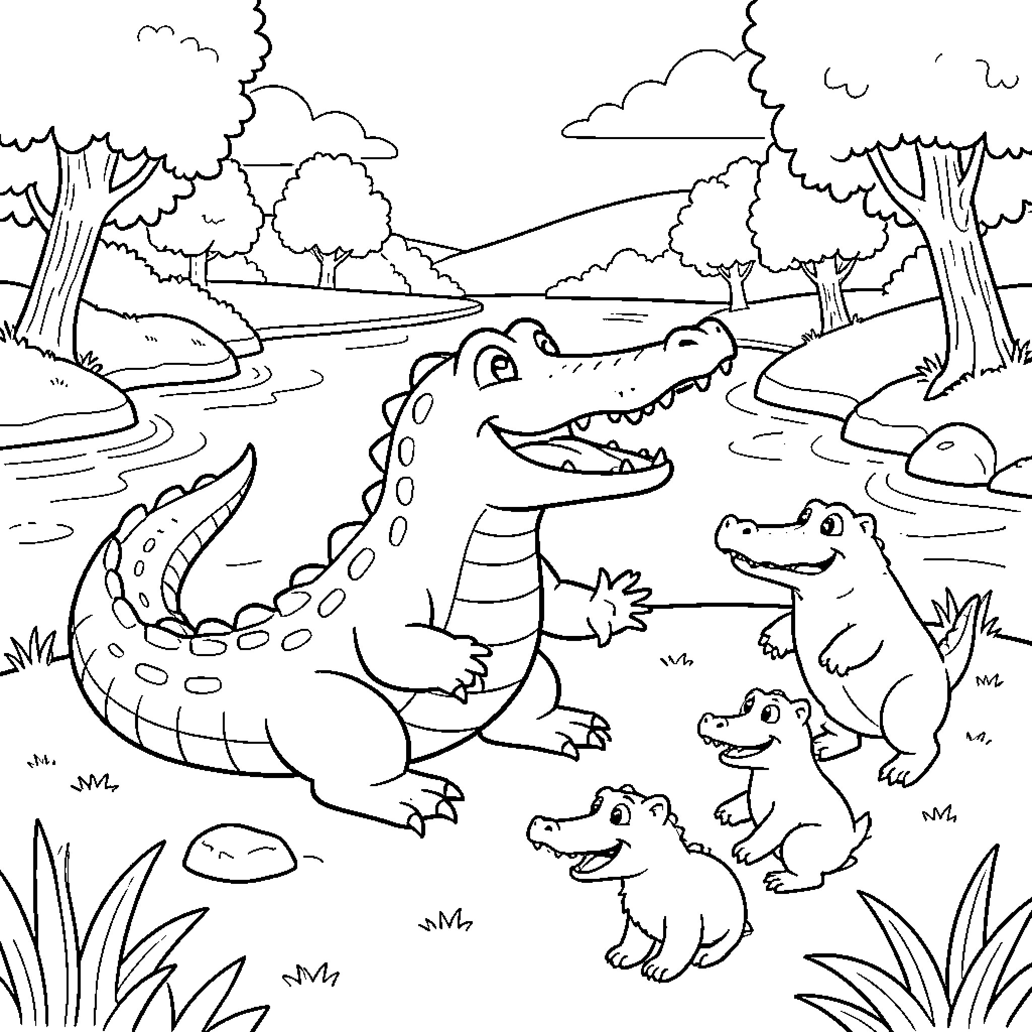 Crocodile smiling and interacting with its baby crocodiles Coloring Page (free black-and-white line drawing printable PDF for all, from beginners to advanced learners, including children, teens, adults, and seniors)