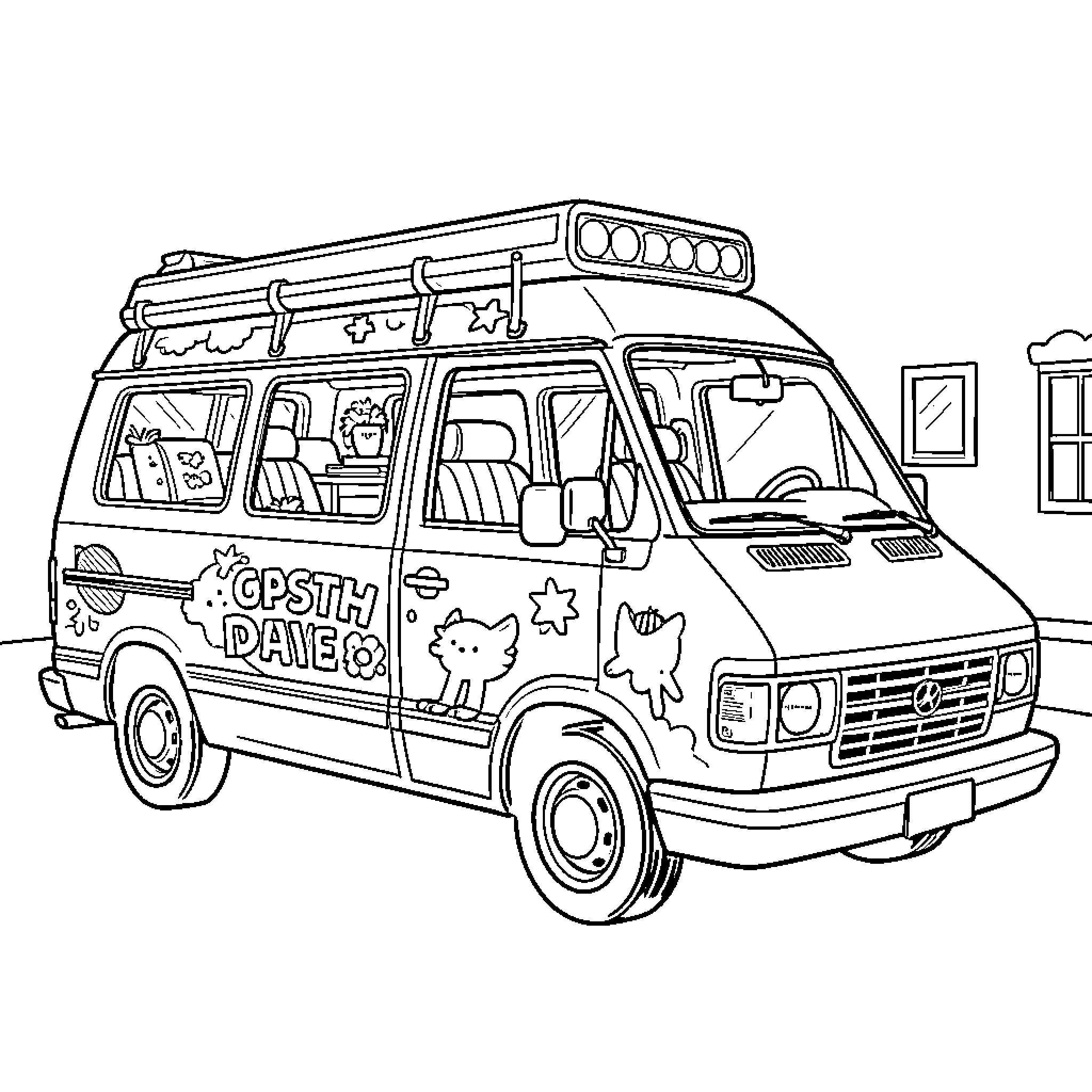 Van with Playful Decals and Accessories Coloring Page (free black-and-white line drawing printable PDF for all, from beginners to advanced learners, including children, teens, adults, and seniors)