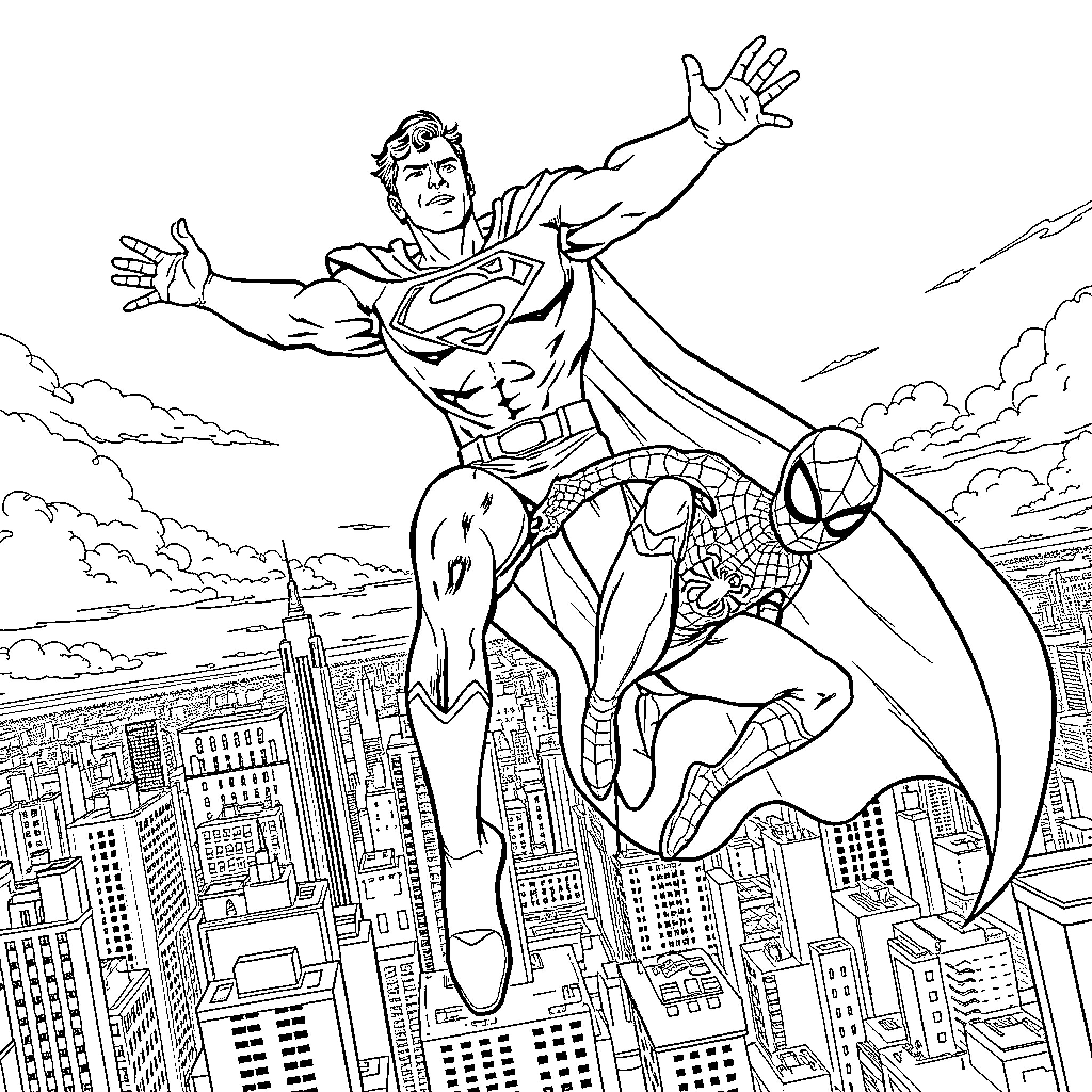 Superman and Spider-Man heroically soaring over the city Coloring Page (free black-and-white line drawing printable PDF for all, from beginners to advanced learners, including children, teens, adults, and seniors)
