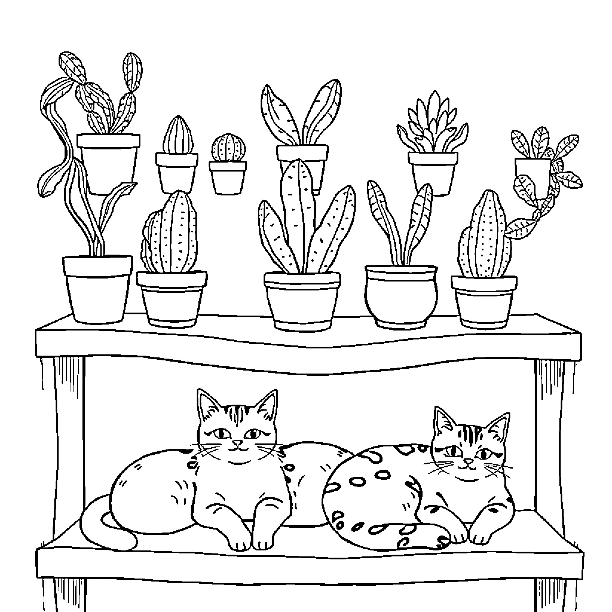 Cactus plants and adorable cats on shelves Coloring Page (free black-and-white line drawing printable PDF for all, from beginners to advanced learners, including children, teens, adults, and seniors)