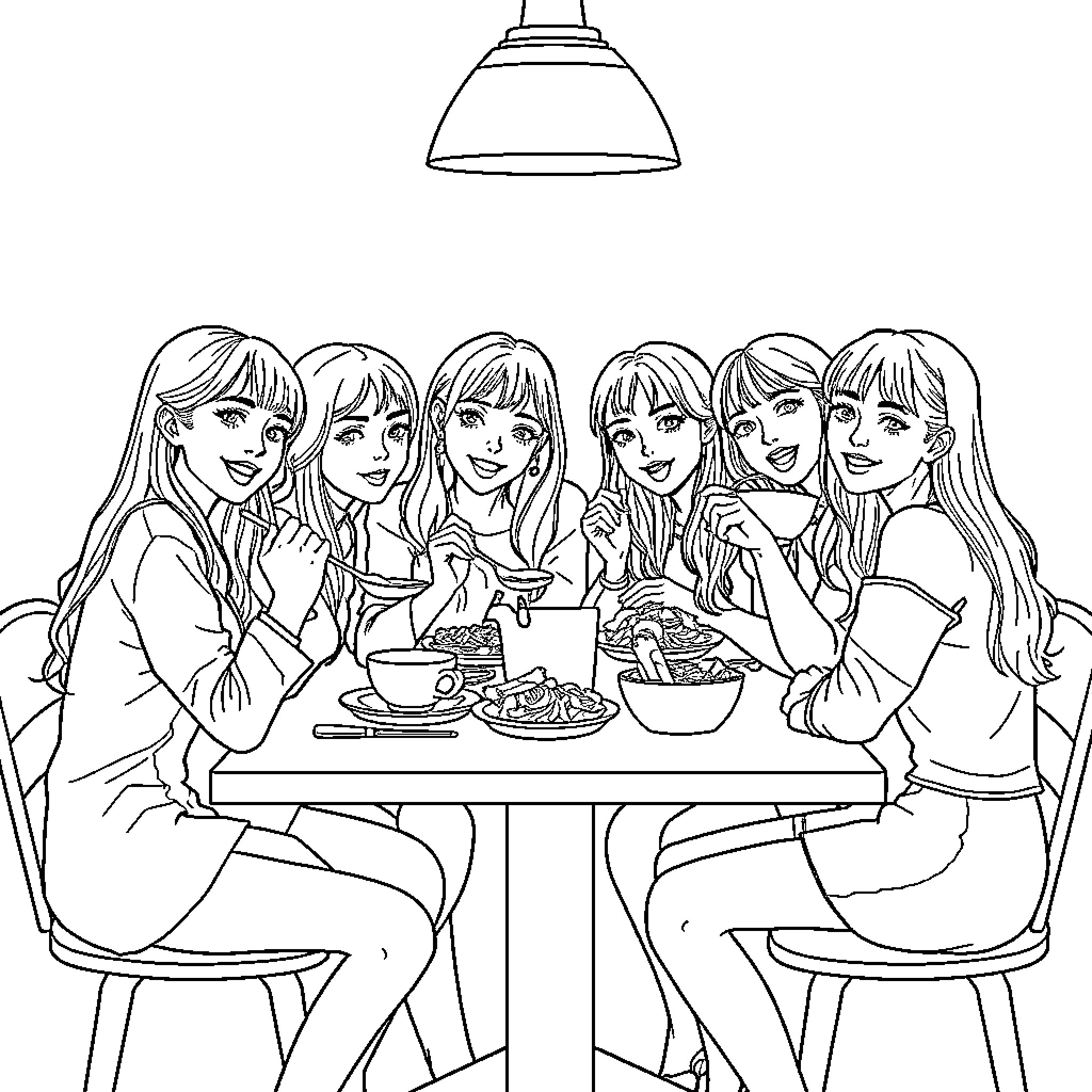 Kpop Girls Enjoying a Meal Together Coloring Page (free black-and-white line drawing printable PDF for all, from beginners to advanced learners, including children, teens, adults, and seniors)