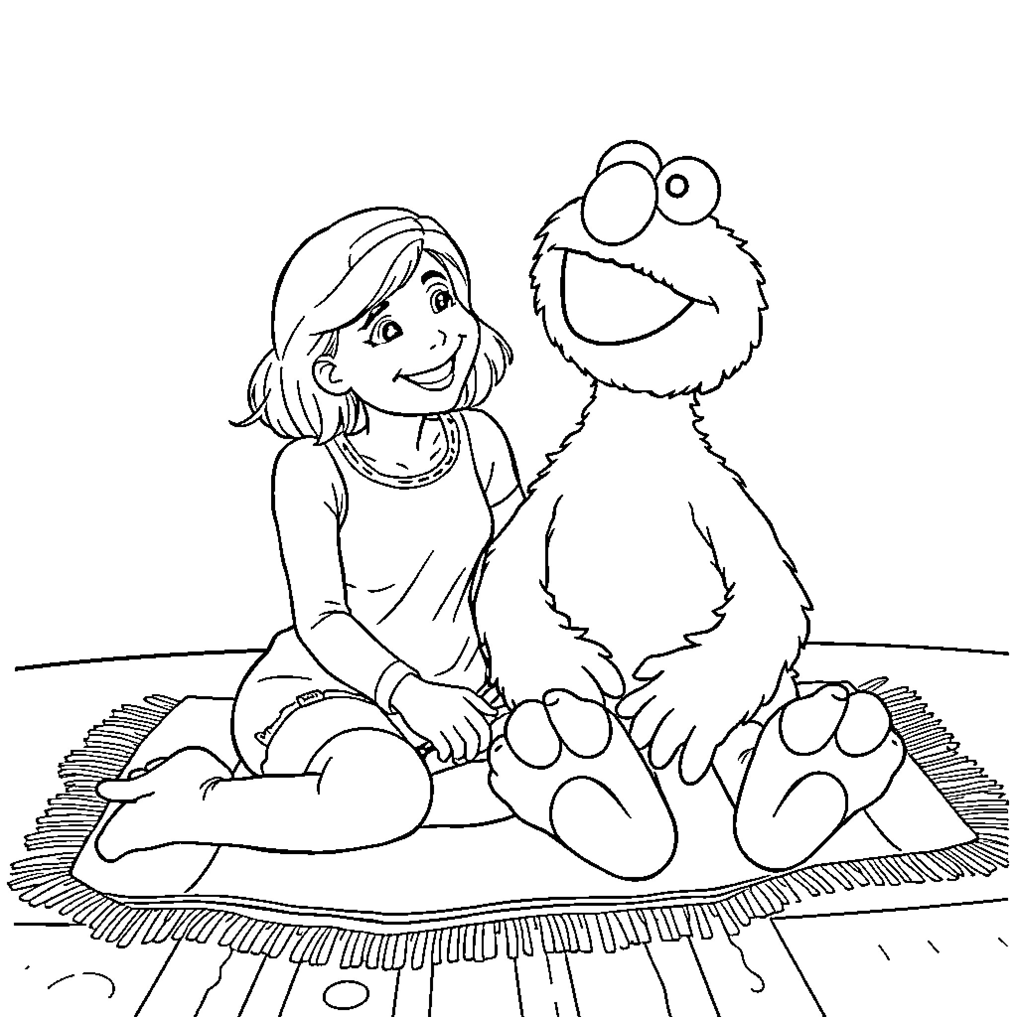Ms Rachel and Furry Friend Relaxing on Picnic Blanket Coloring Page (free black-and-white line drawing printable PDF for all, from beginners to advanced learners, including children, teens, adults, and seniors)