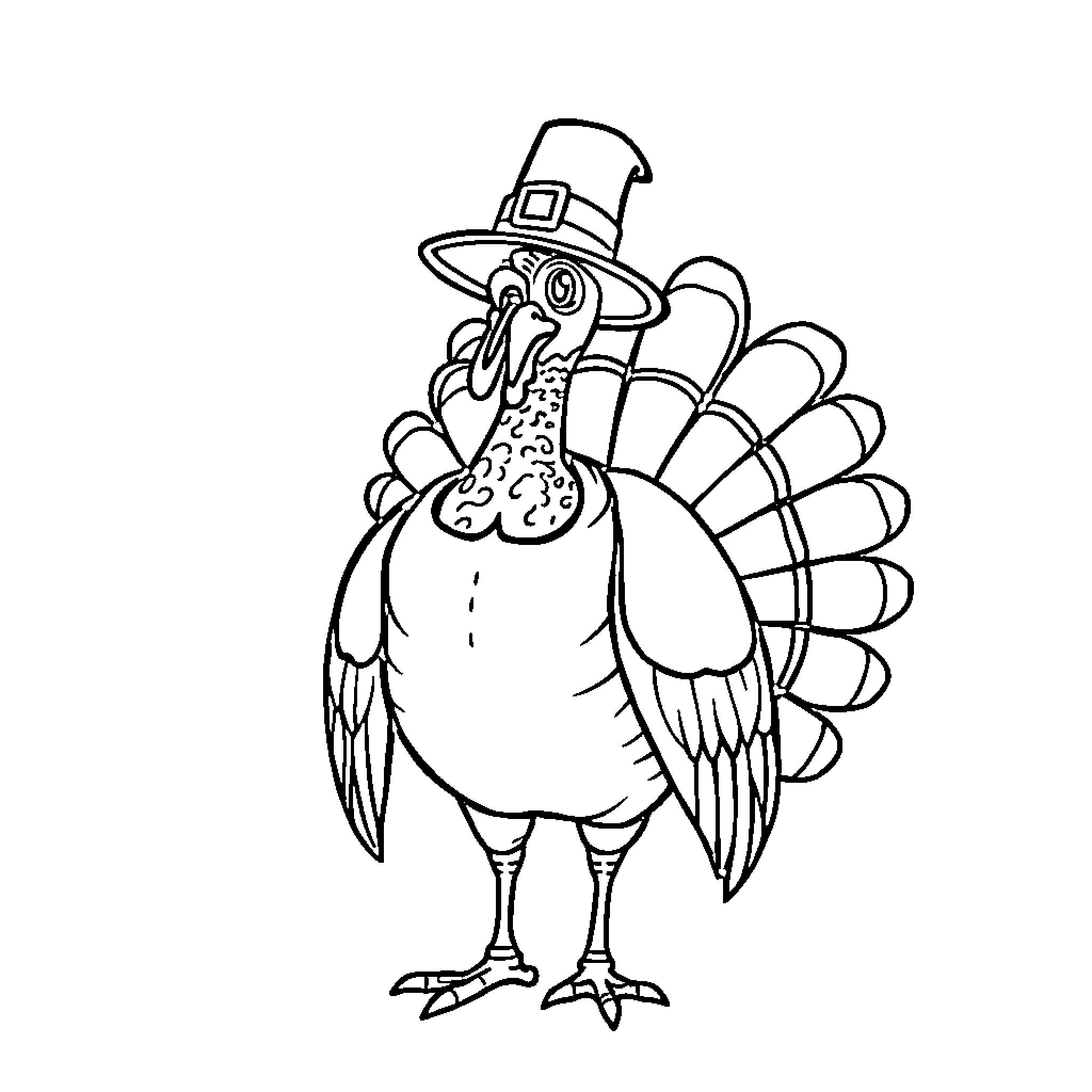 Turkey wearing Pilgrim hat in cartoon style Coloring Page (free black-and-white line drawing printable PDF for all, from beginners to advanced learners, including children, teens, adults, and seniors)